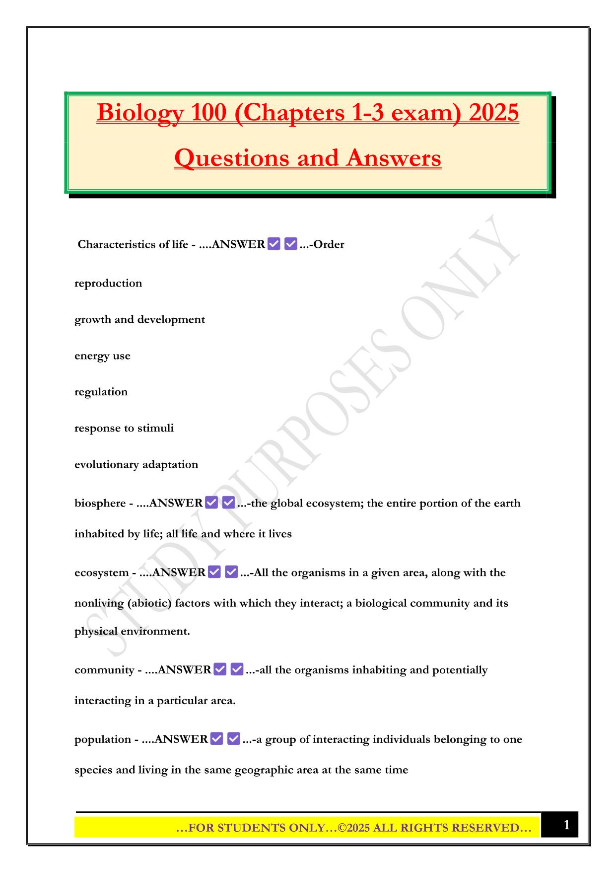 Biology 100 (Chapters 1-3 exam) 2025 Questions and Answers