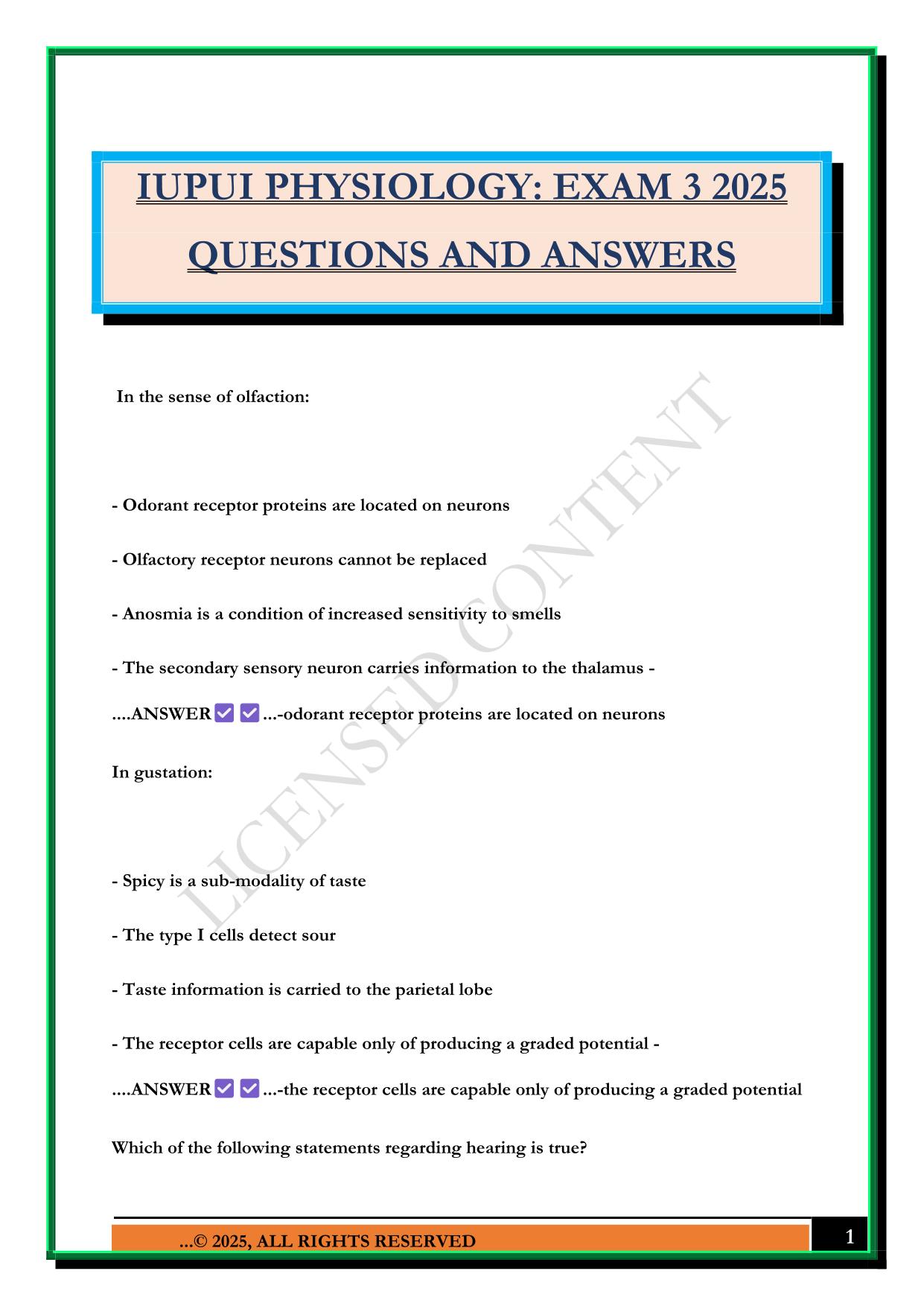 IUPUI PHYSIOLOGY: EXAM 3 2025 QUESTIONS AND ANSWERS