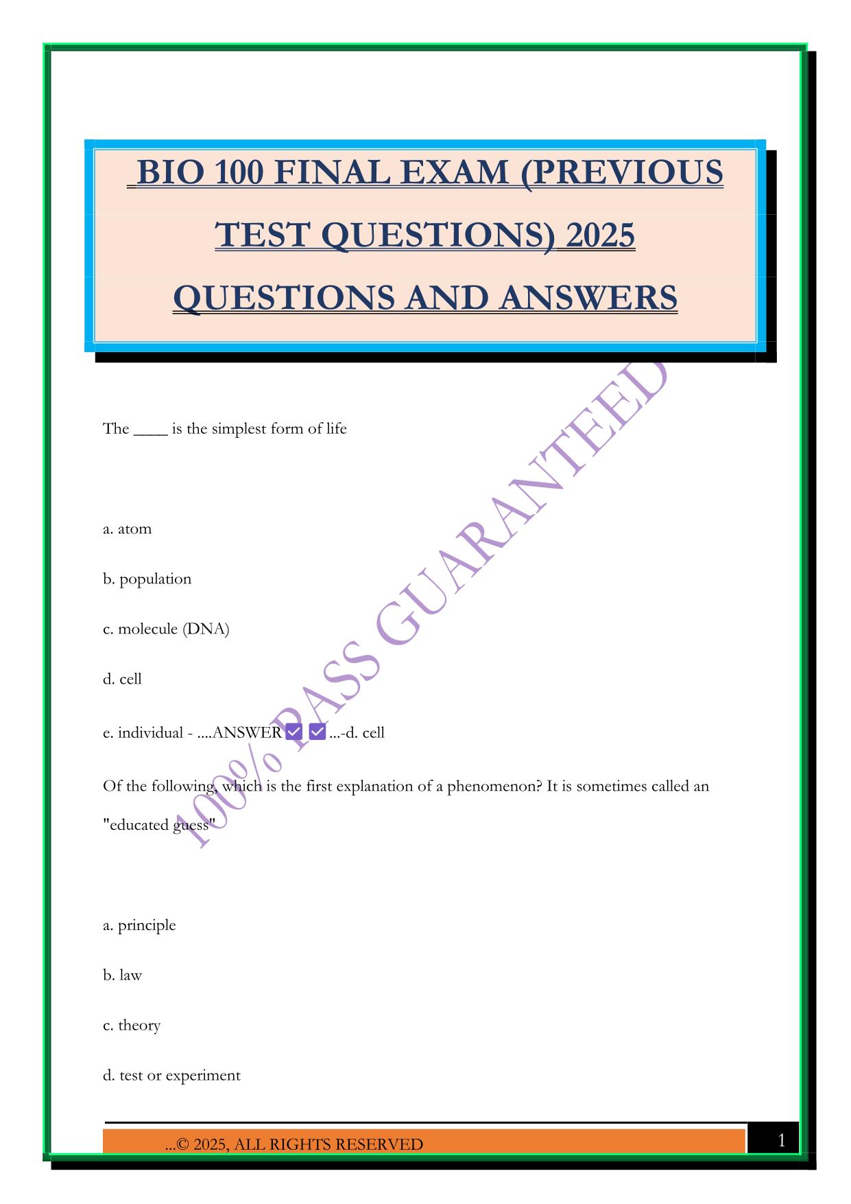 BIO 100 FINAL EXAM (PREVIOUS TEST QUESTIONS) 2025 QUESTIONS AND ANSWERS