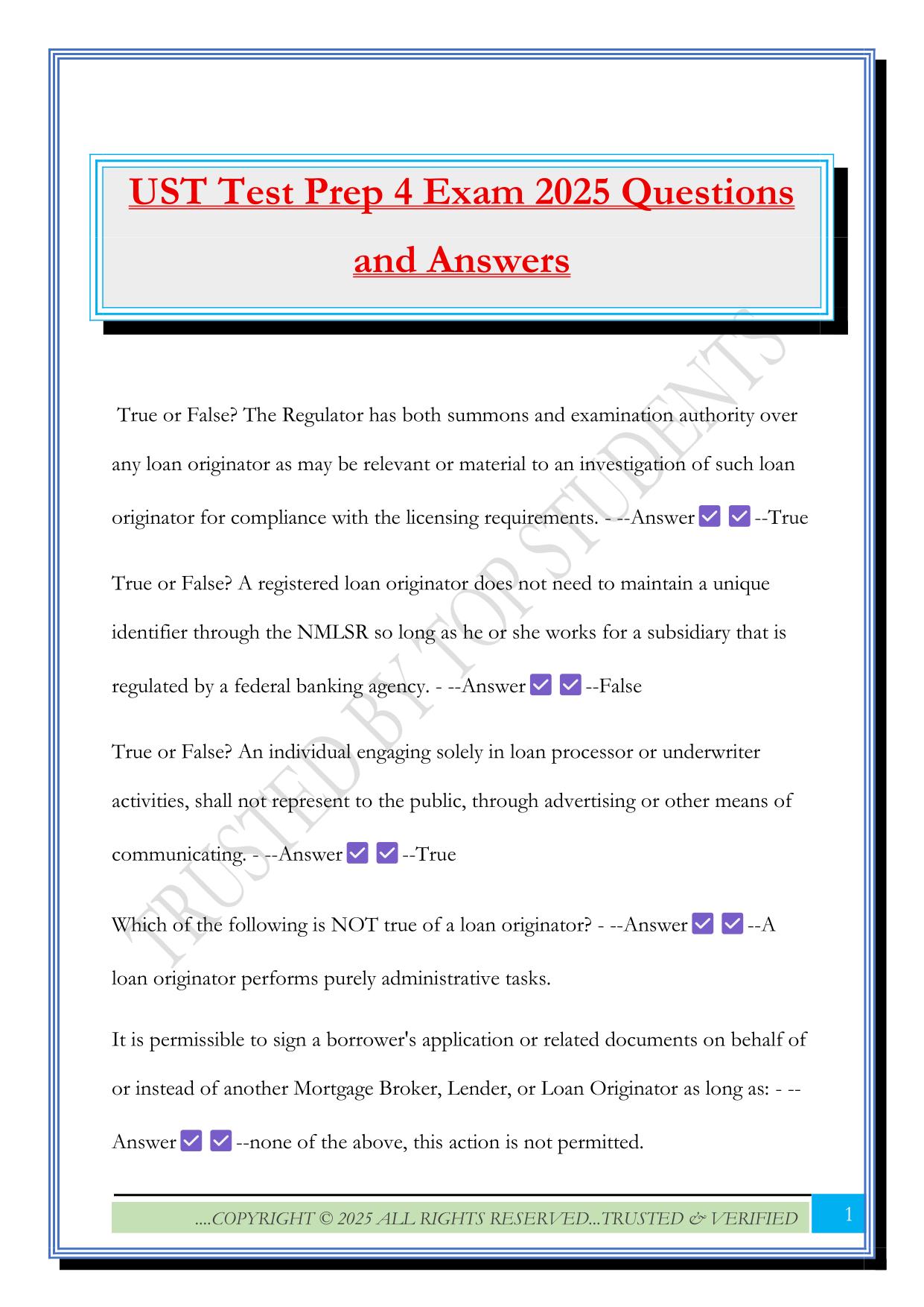 UST Test Prep 4 Exam 2025 Questions and Answers