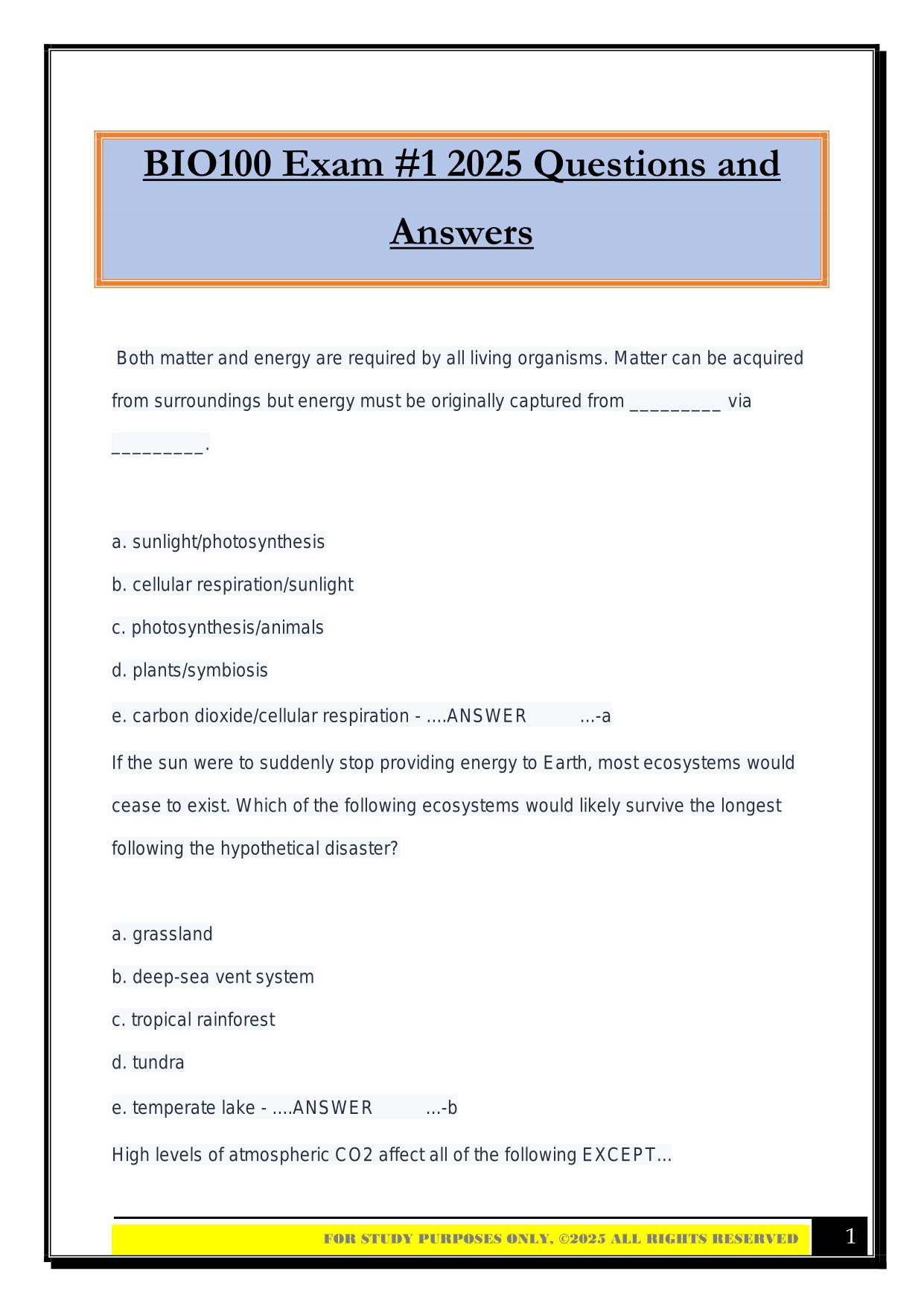BIO100 Exam #1 2025 Questions and Answers