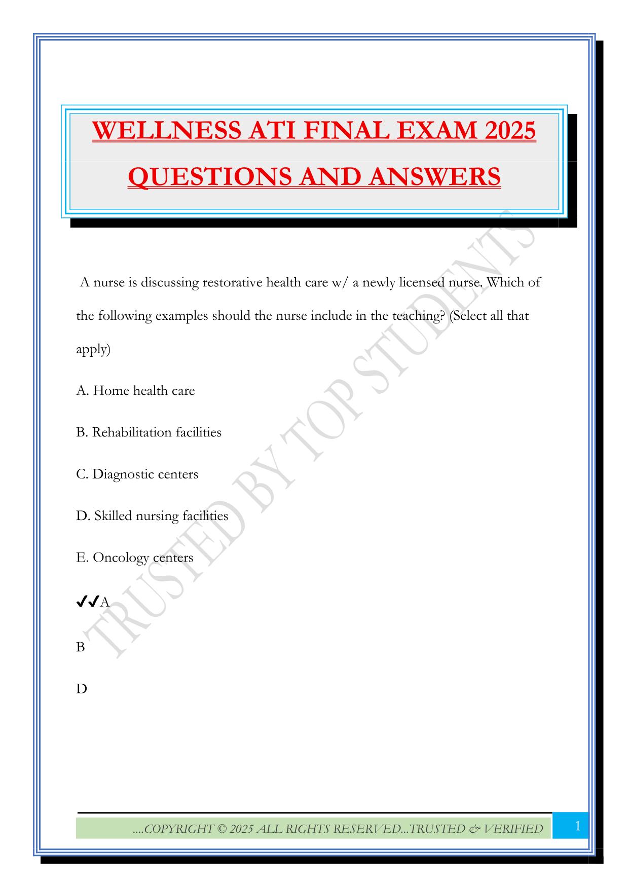 WELLNESS ATI FINAL EXAM 2025 QUESTIONS AND ANSWERS