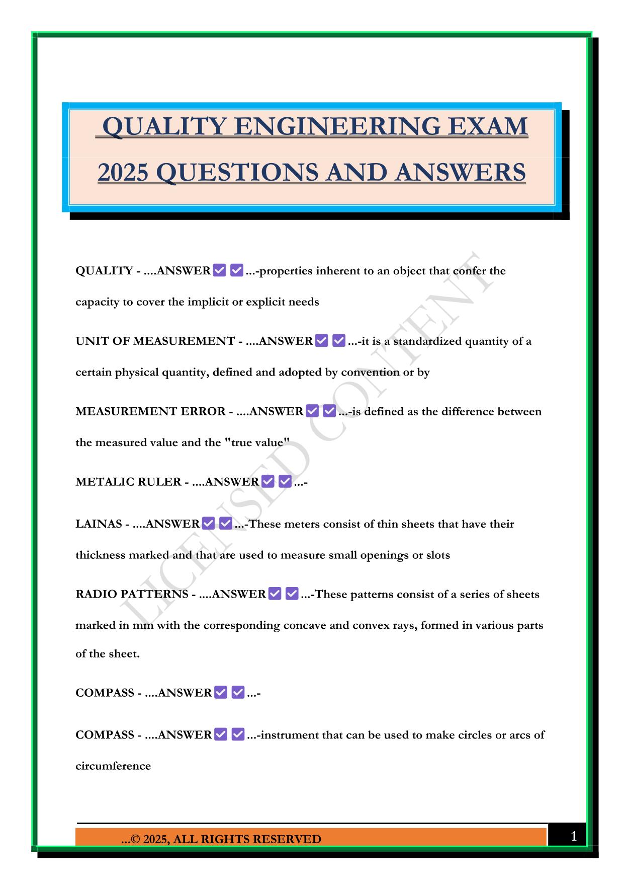 QUALITY ENGINEERING EXAM 2025 QUESTIONS AND ANSWERS