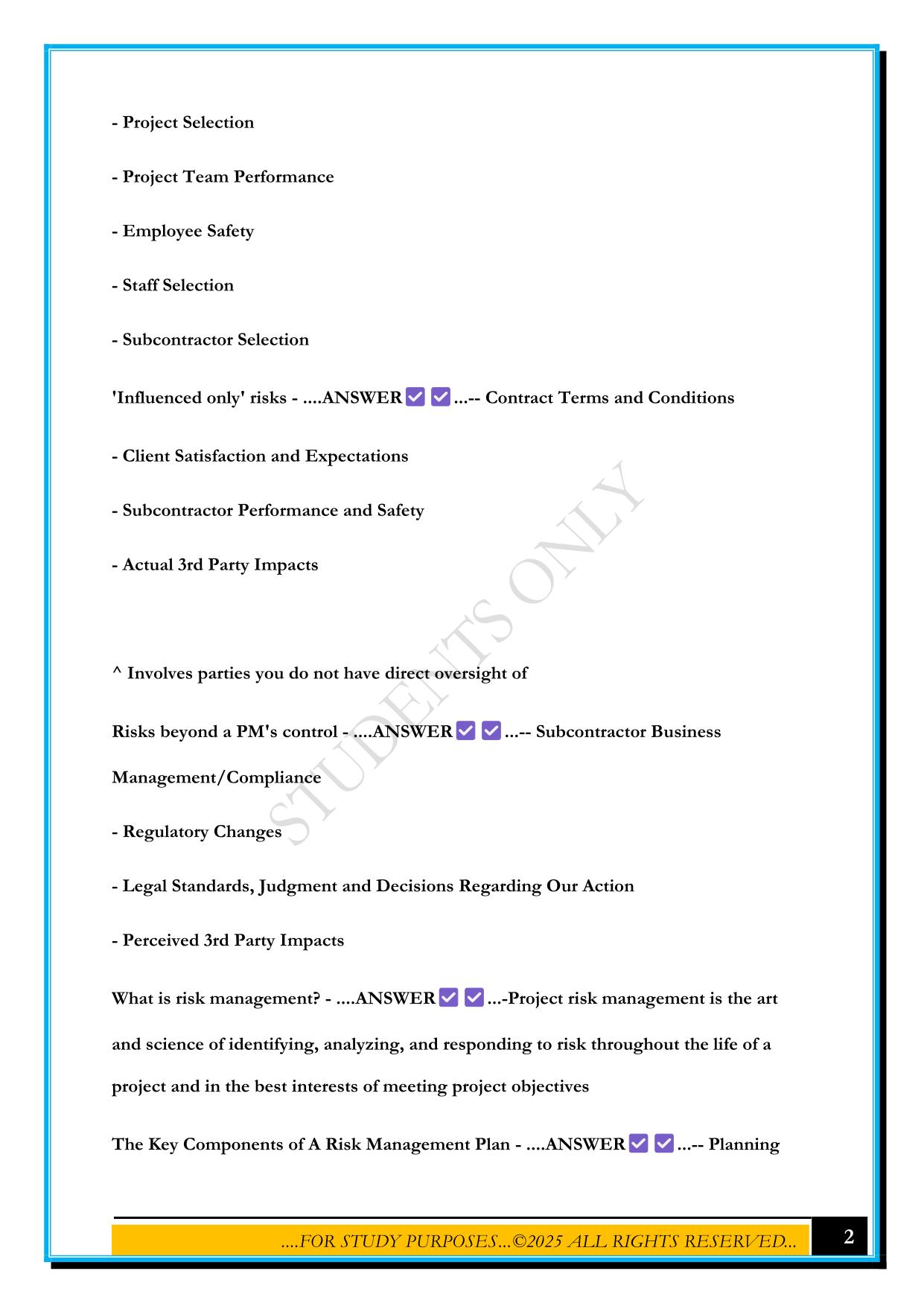 EXAM 2 (EGS4625 - FUNDAMENTALS OF ENGINEERING PROJECT MANAGEMENT) EXAM 2025 QUESTIONS AND ANSWERS