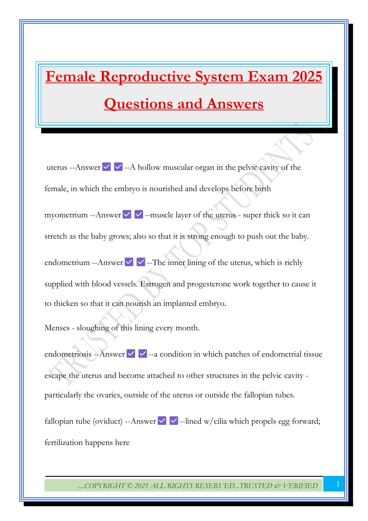 Female Reproductive System Exam 2025 Questions and Answers