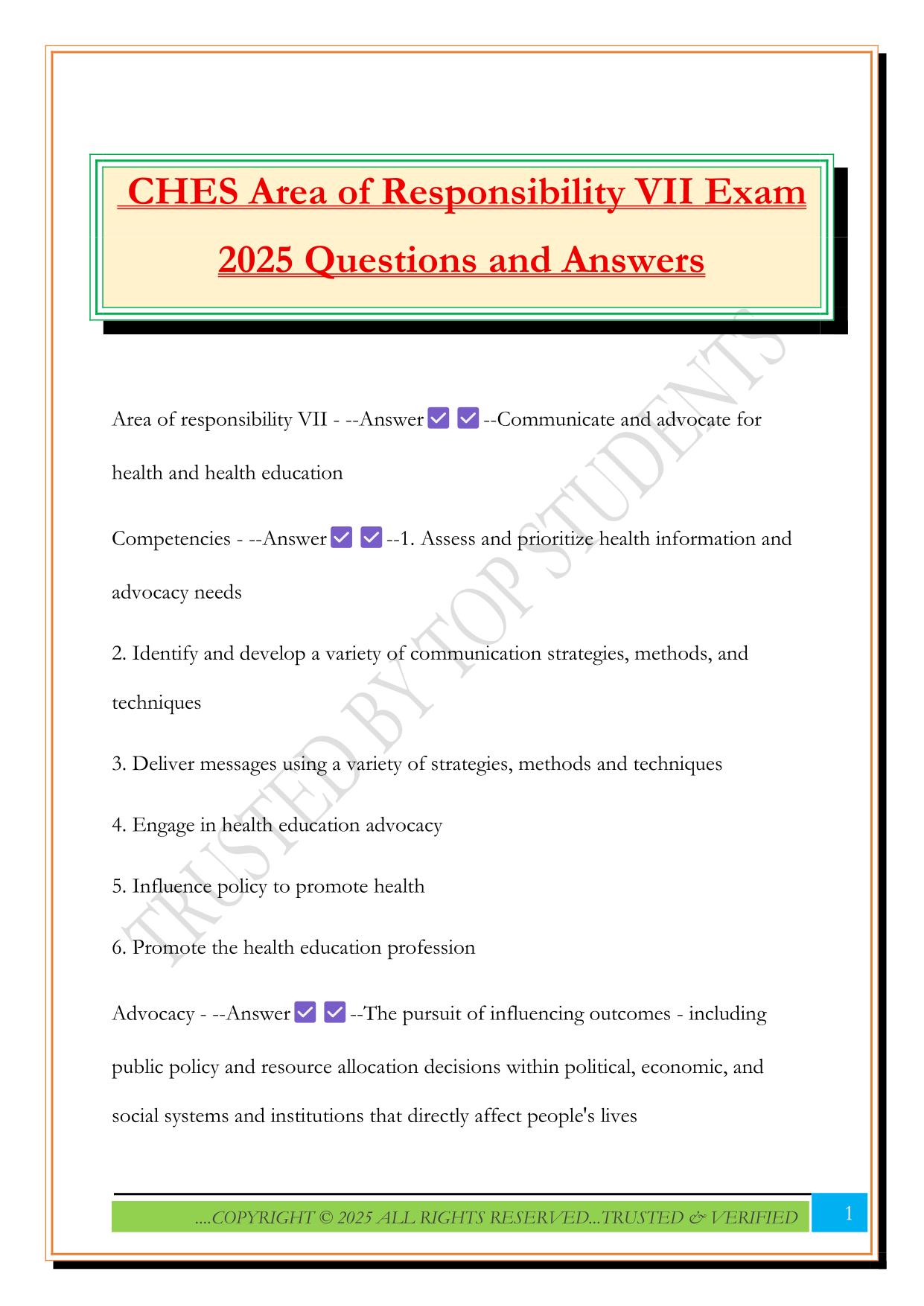 CHES Area of Responsibility VII Exam 2025 Questions and Answers