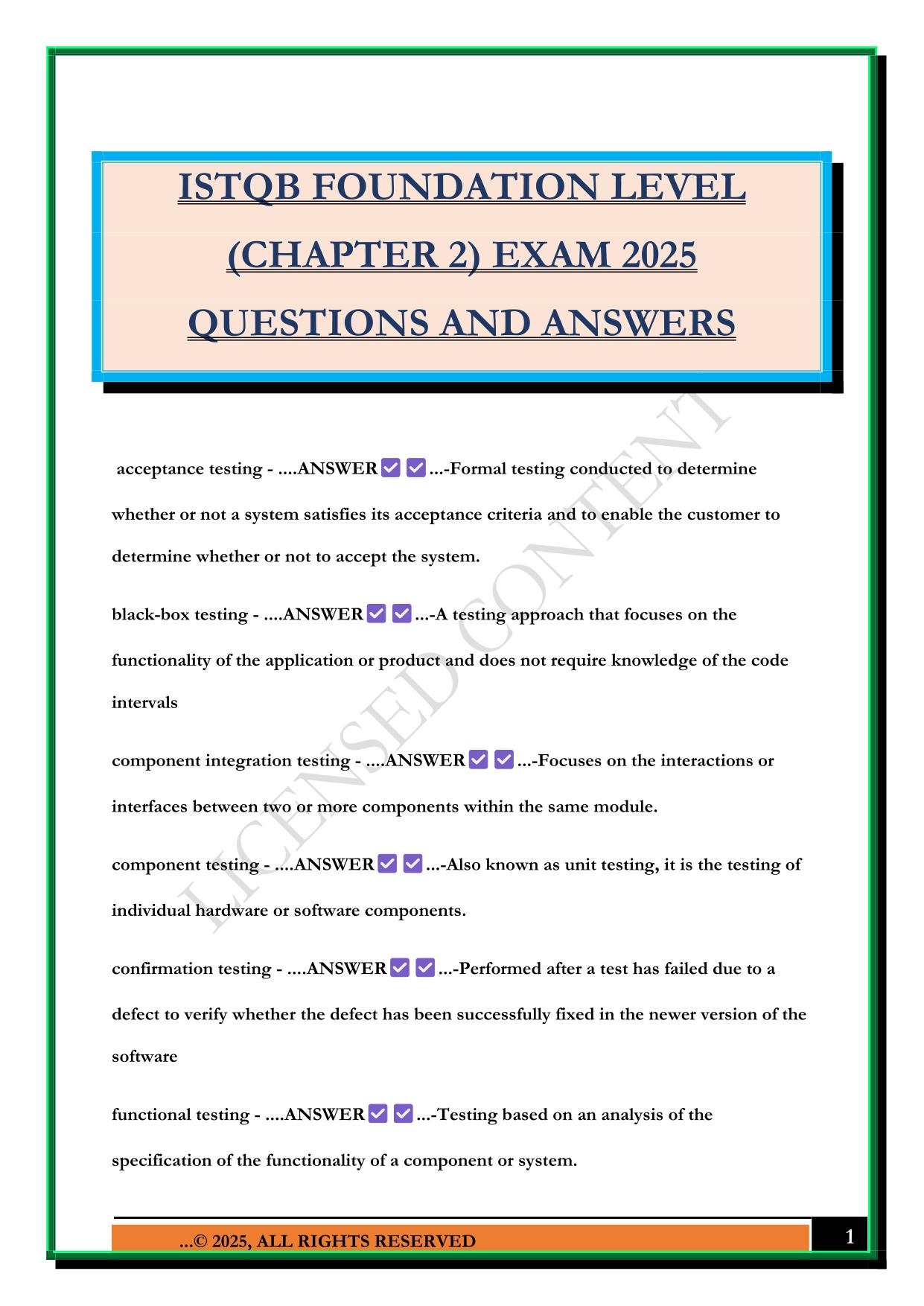 ISTQB FOUNDATION LEVEL (CHAPTER 2) EXAM 2025 QUESTIONS AND ANSWERS