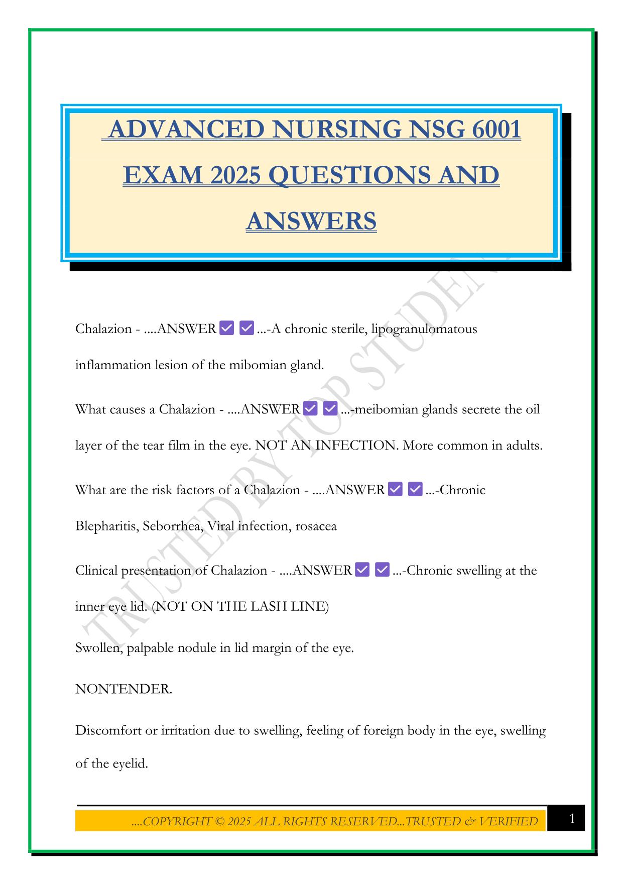 ADVANCED NURSING NSG 6001 EXAM 2025 QUESTIONS AND ANSWERS