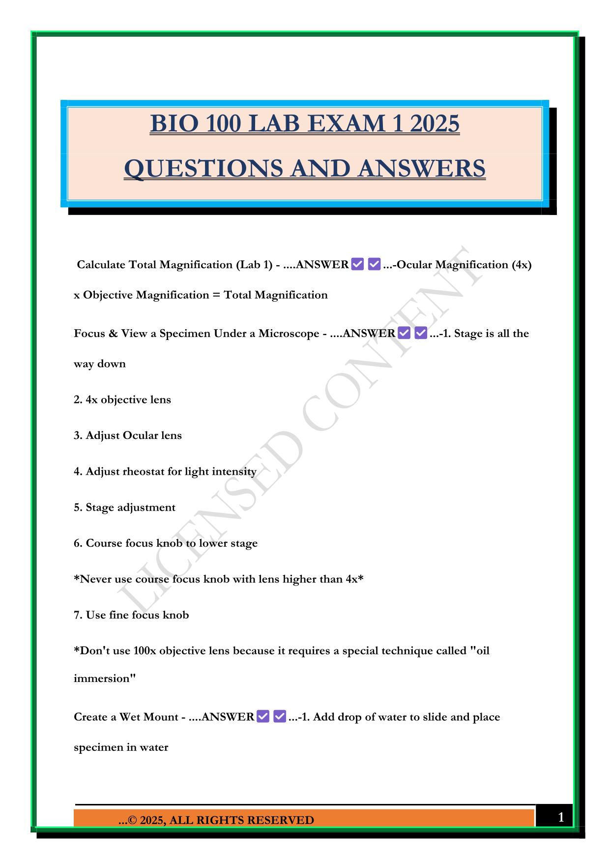 BIO 100 LAB EXAM 1 2025 QUESTIONS AND ANSWERS