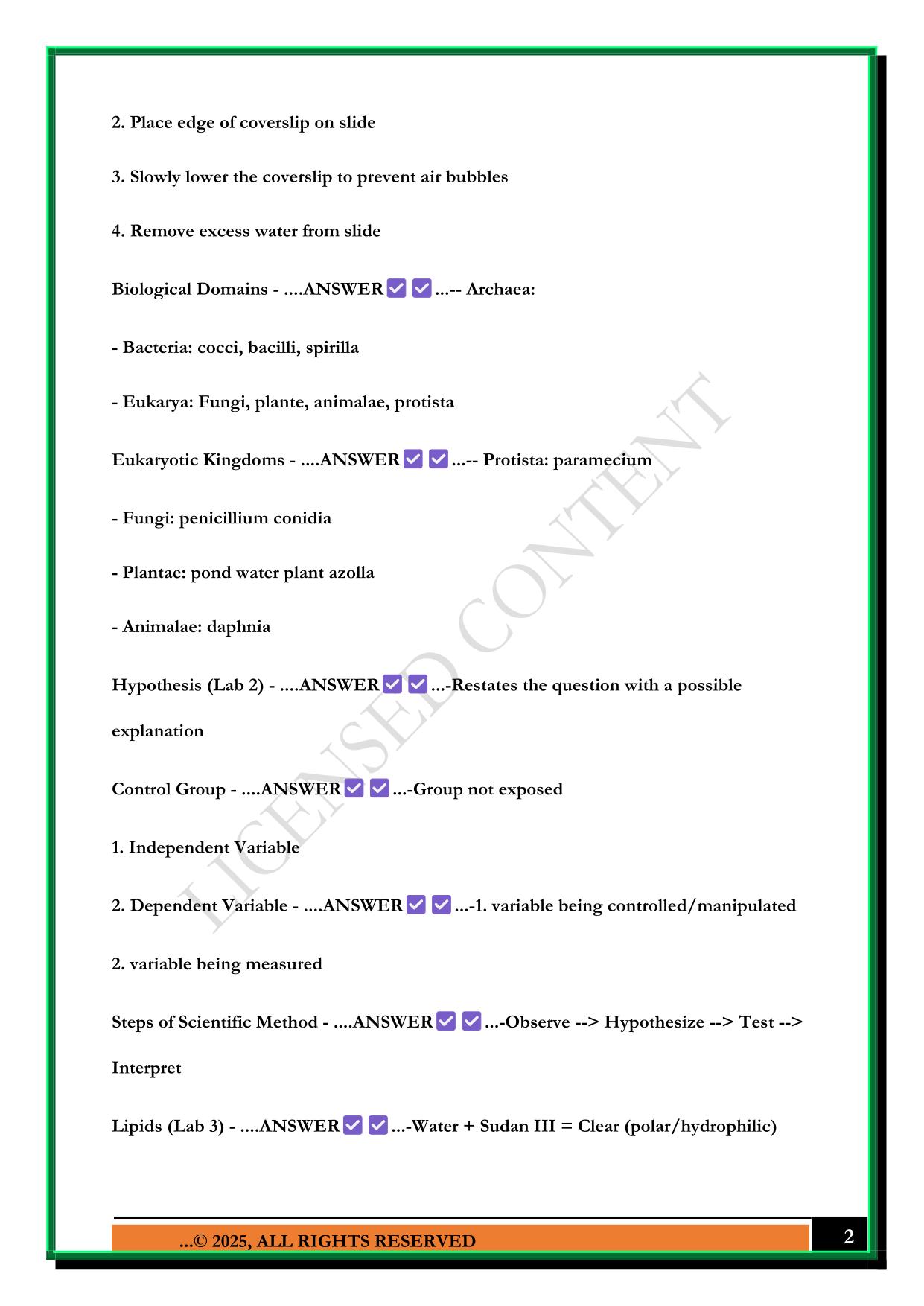 BIO 100 LAB EXAM 1 2025 QUESTIONS AND ANSWERS