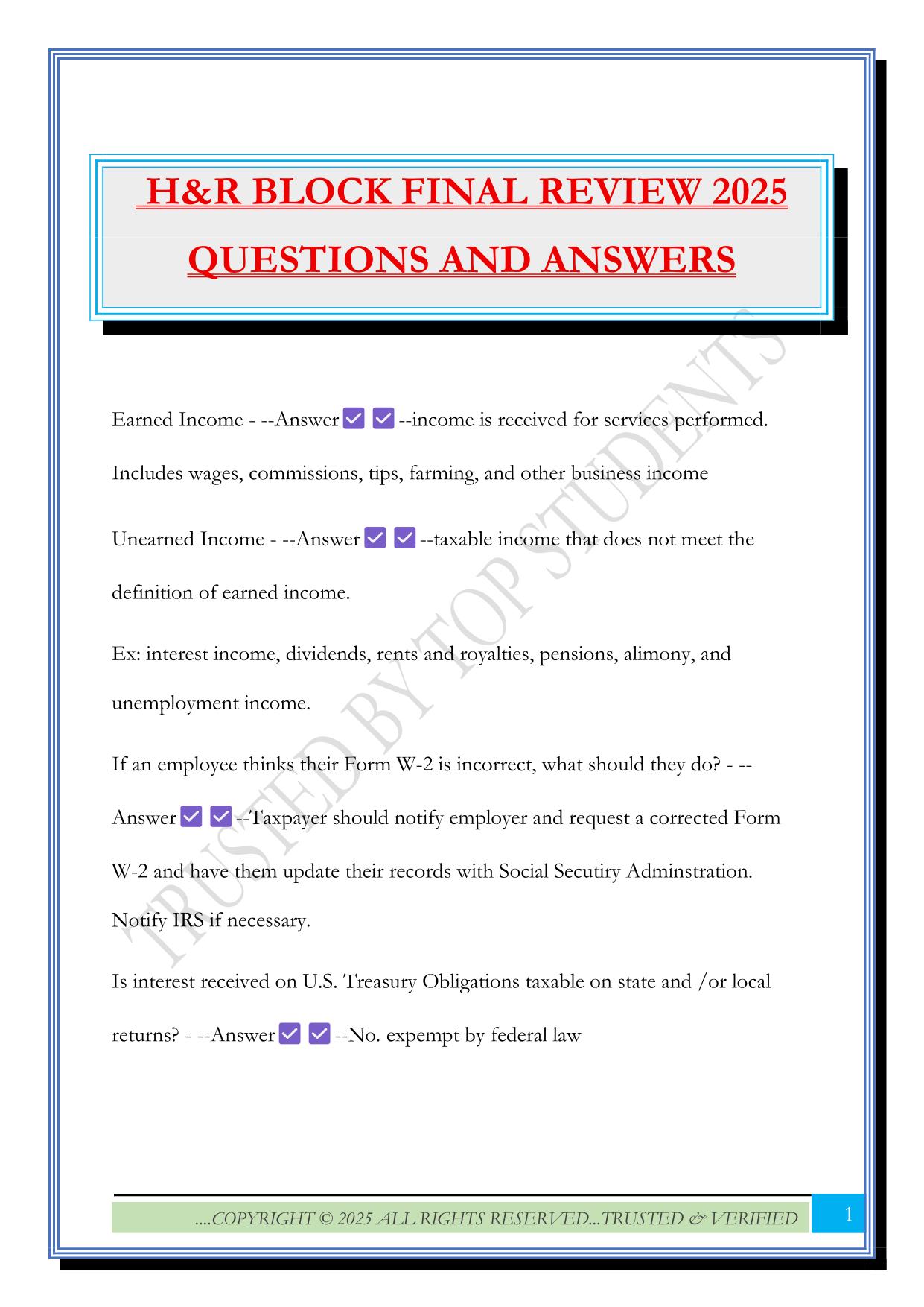 H&R BLOCK FINAL REVIEW 2025 QUESTIONS AND ANSWERS