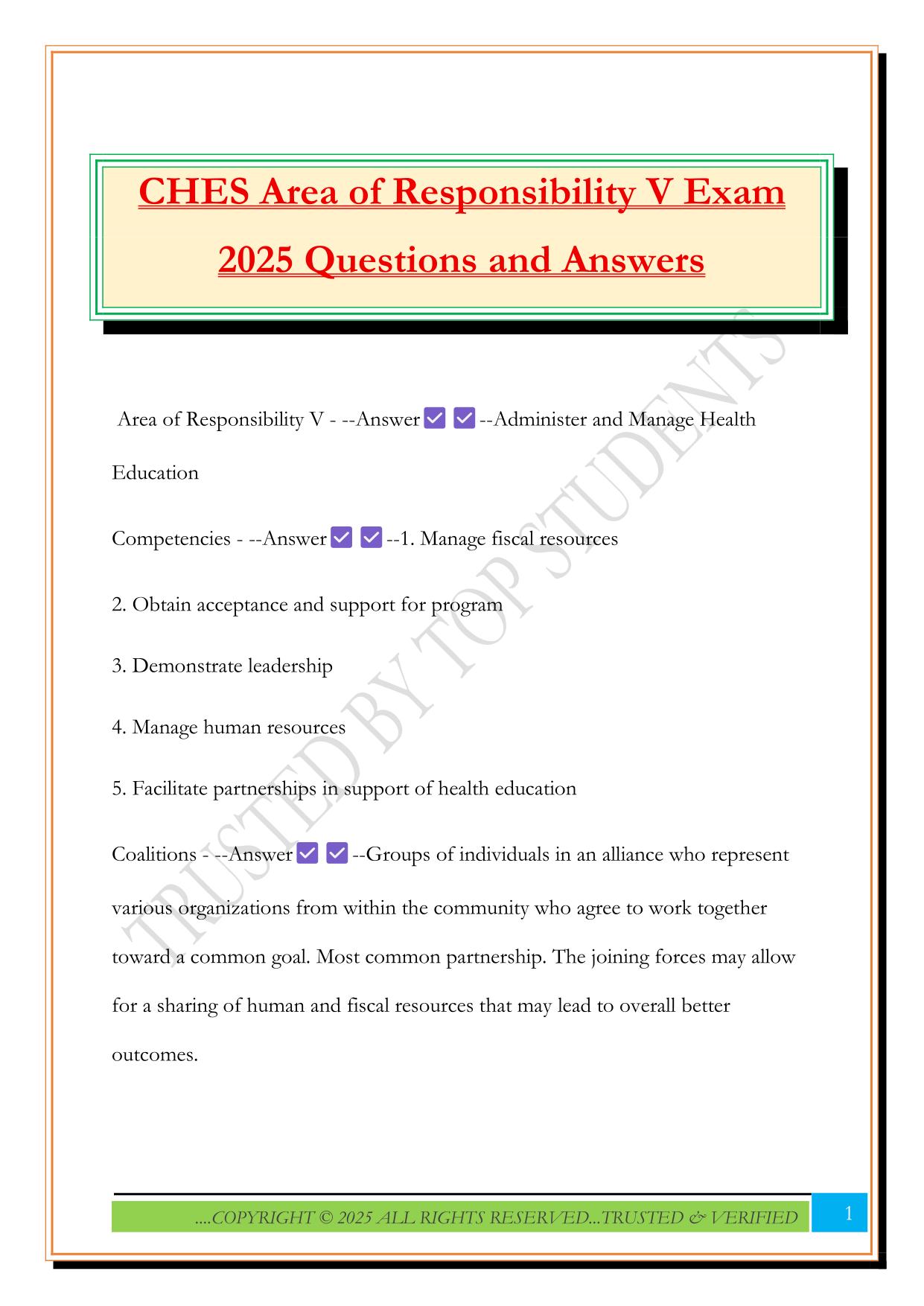 CHES Area of Responsibility V Exam 2025 Questions and Answers