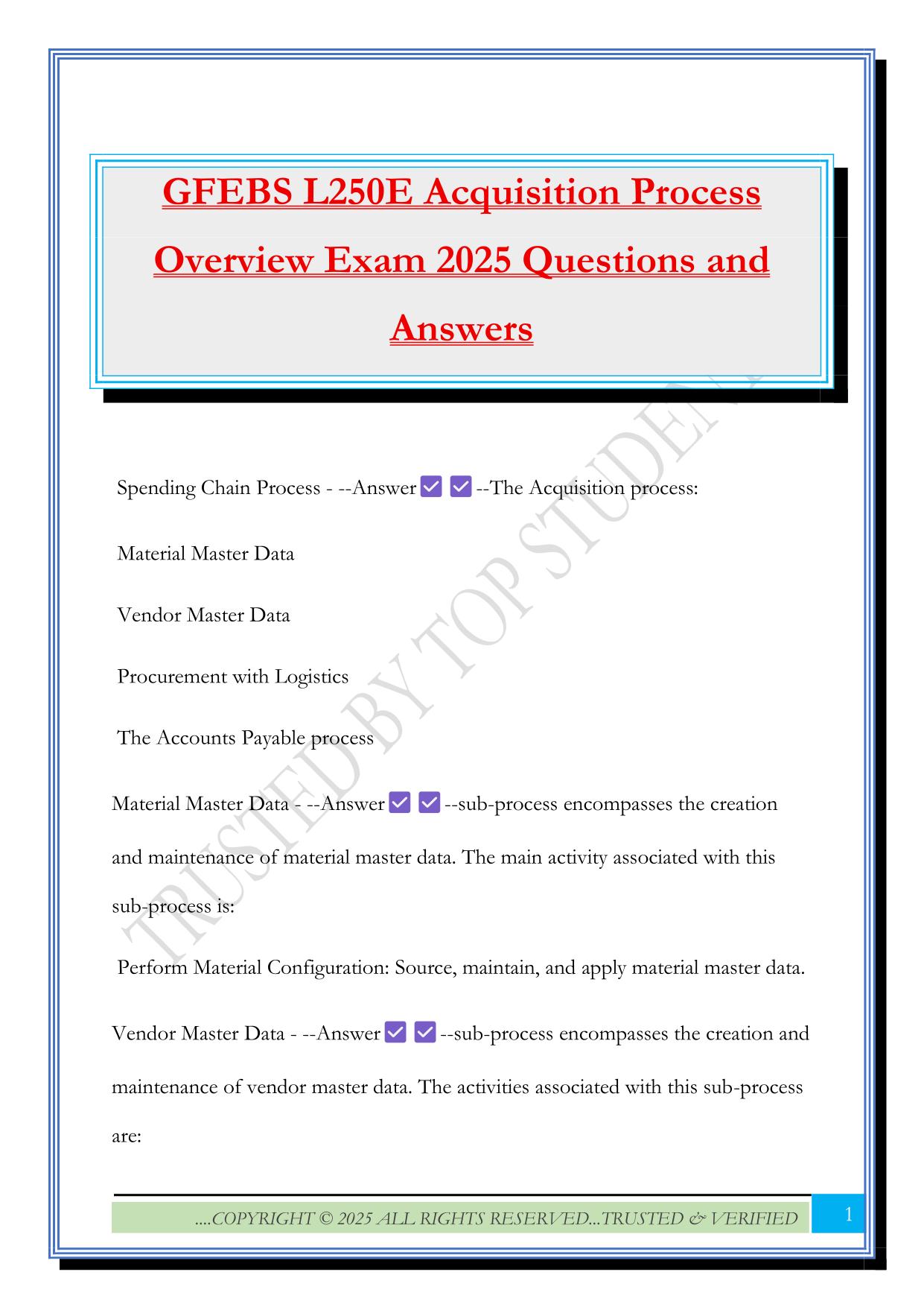 GFEBS L250E Acquisition Process Overview Exam 2025 Questions and Answers