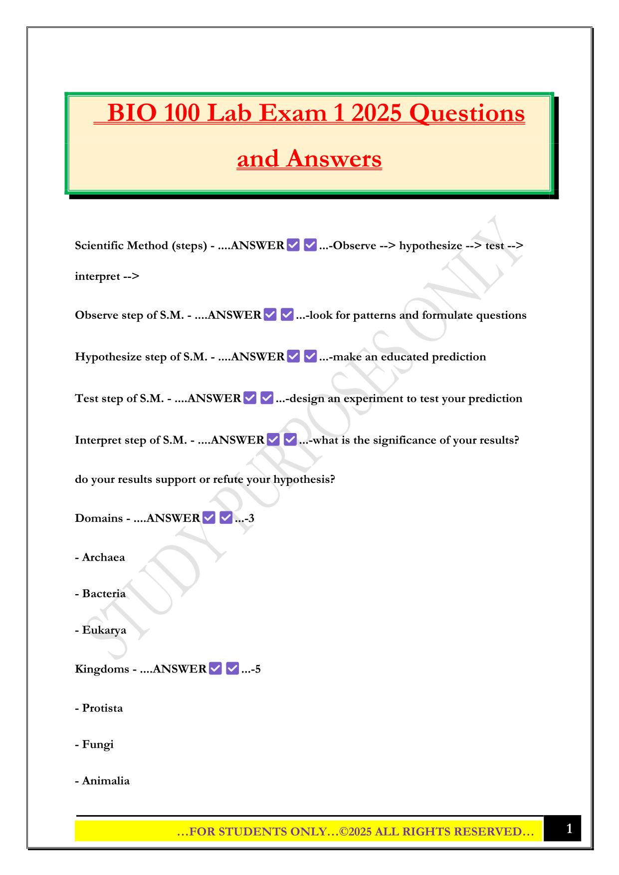 BIO 100 Lab Exam 1 2025 Questions and Answers