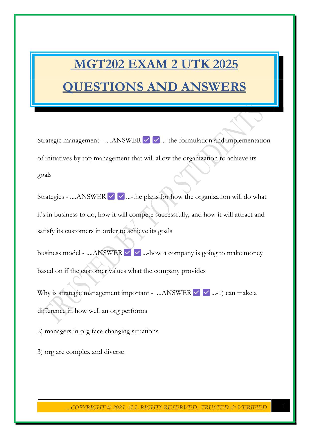MGT202 EXAM 2 UTK 2025 QUESTIONS AND ANSWERS