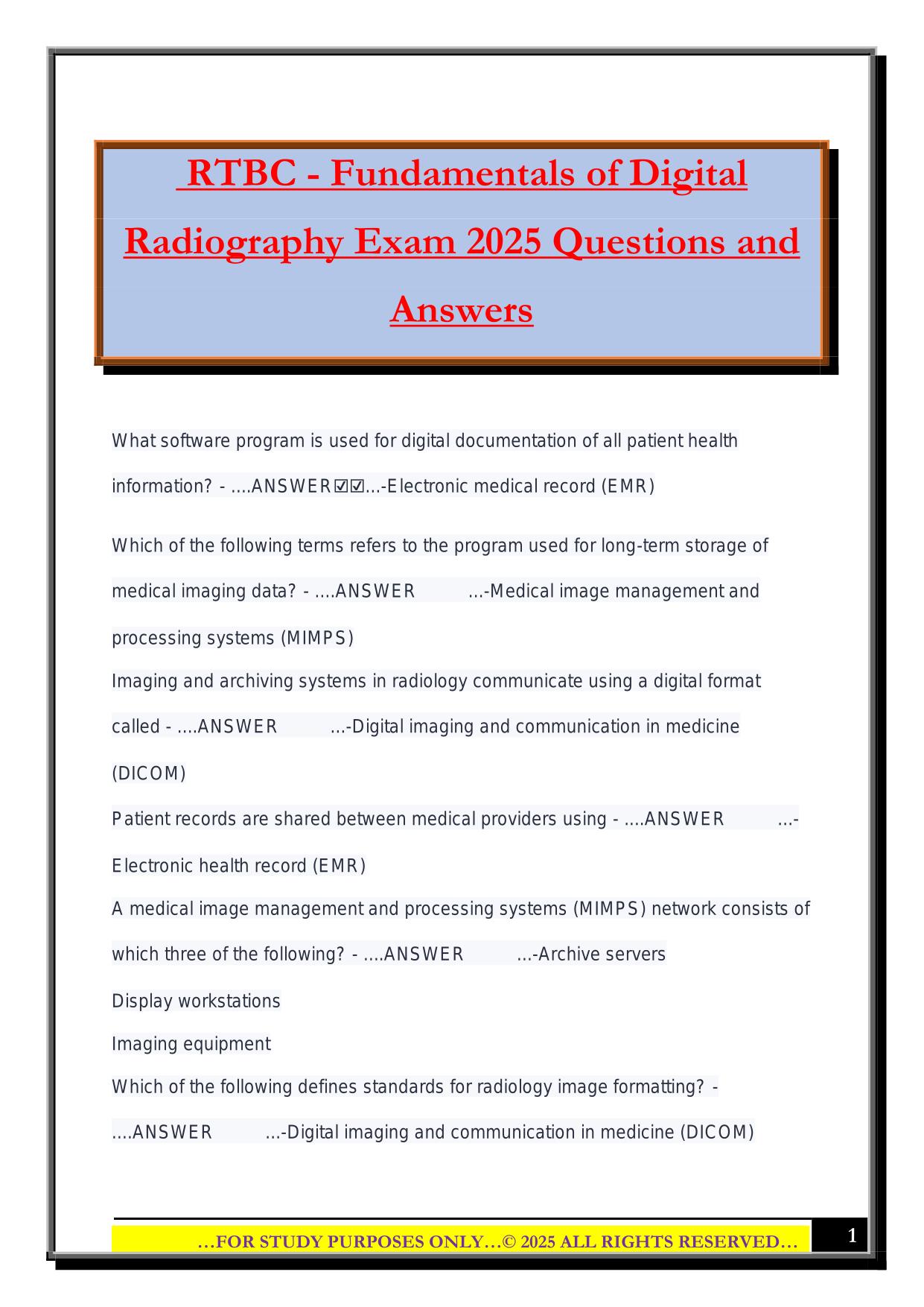 RTBC - Fundamentals of Digital Radiography Exam 2025 Questions and Answers