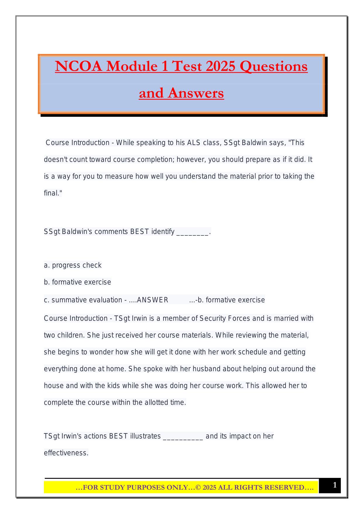 NCOA Module 1 Test 2025 Questions and Answers