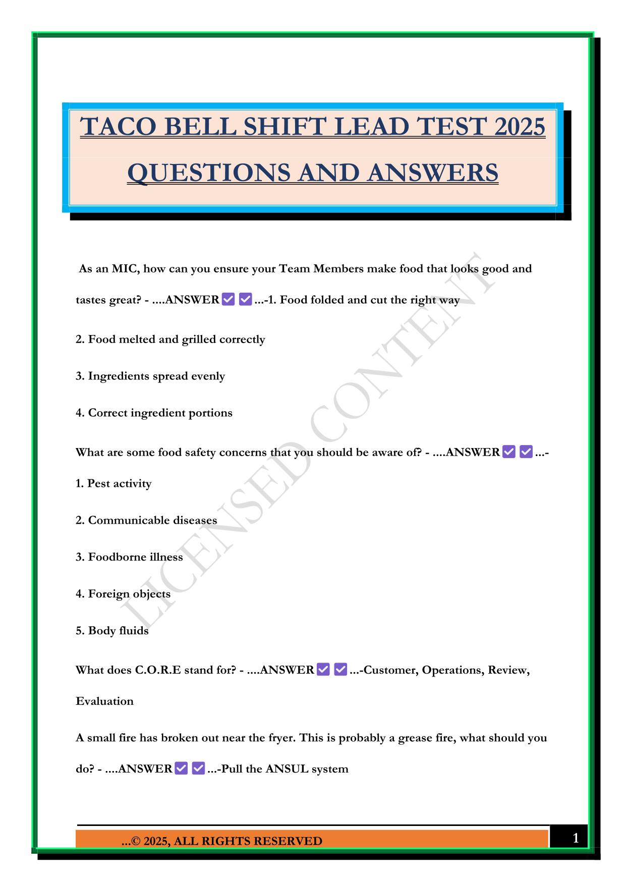 TACO BELL SHIFT LEAD TEST 2025 QUESTIONS AND ANSWERS