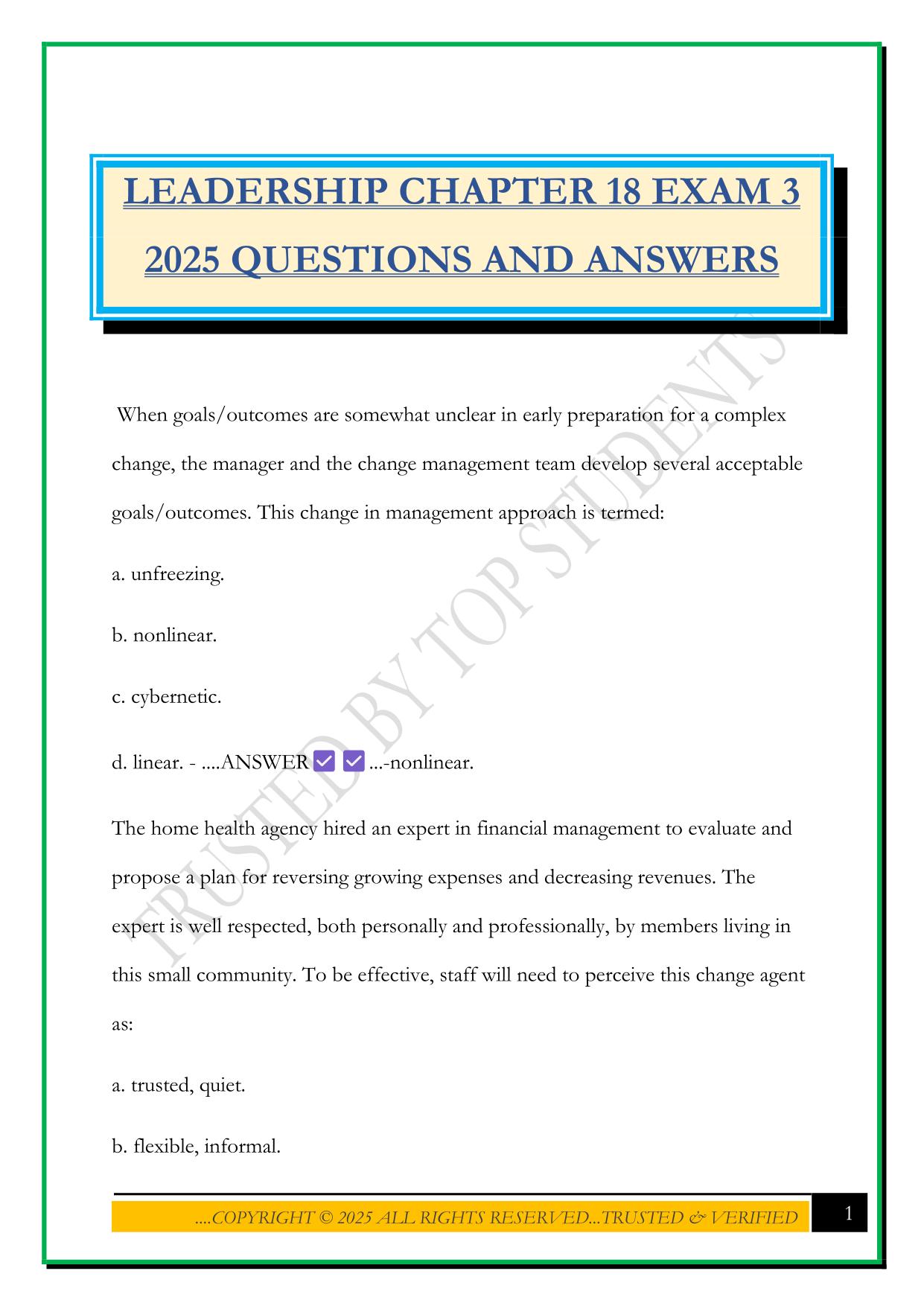 LEADERSHIP CHAPTER 18 EXAM 3 2025 QUESTIONS AND ANSWERS