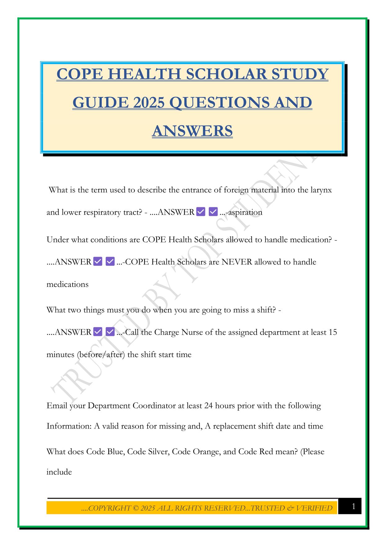 COPE HEALTH SCHOLAR STUDY GUIDE 2025 QUESTIONS AND ANSWERS