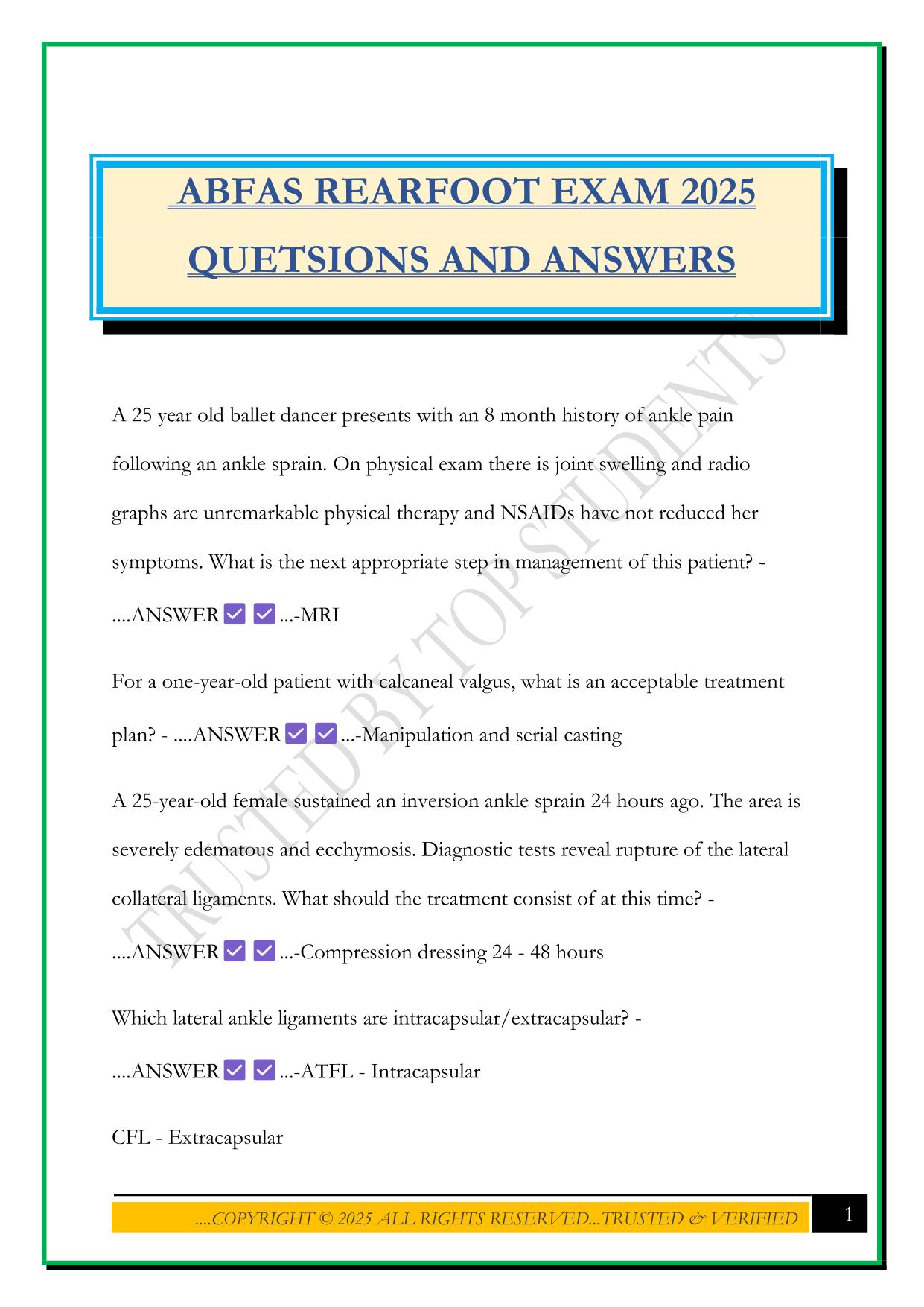 ABFAS REARFOOT EXAM 2025 QUETSIONS AND ANSWERS