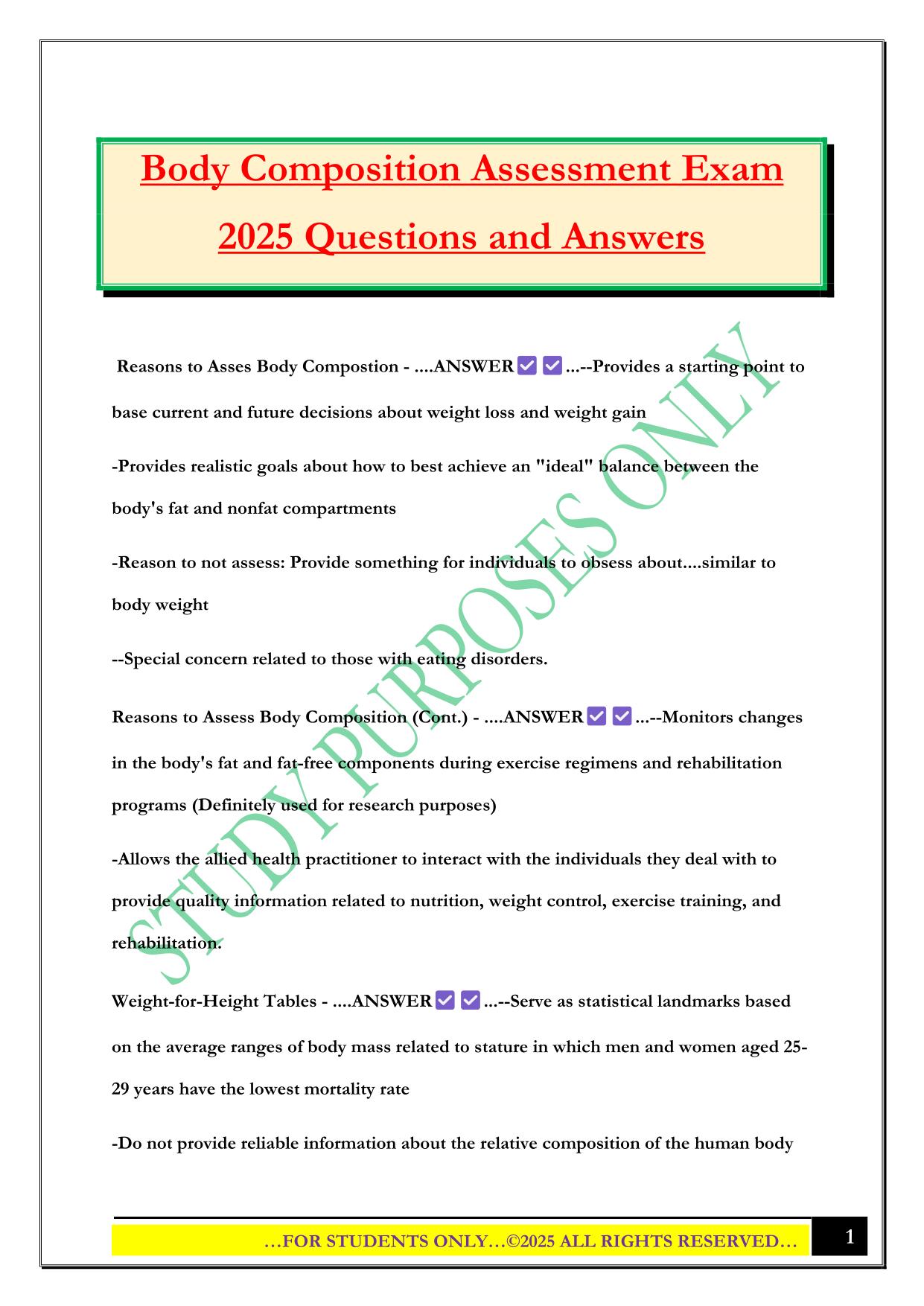 Body Composition Assessment Exam 2025 Questions and Answers