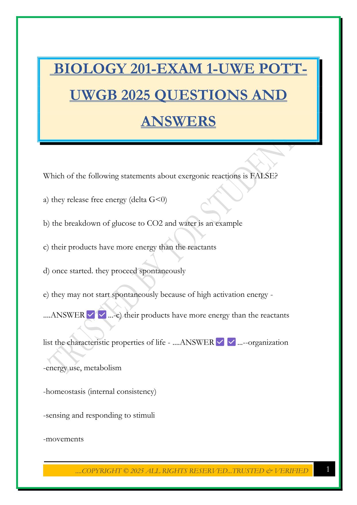 BIOLOGY 201-EXAM 1-UWE POTT- UWGB 2025 QUESTIONS AND ANSWERS