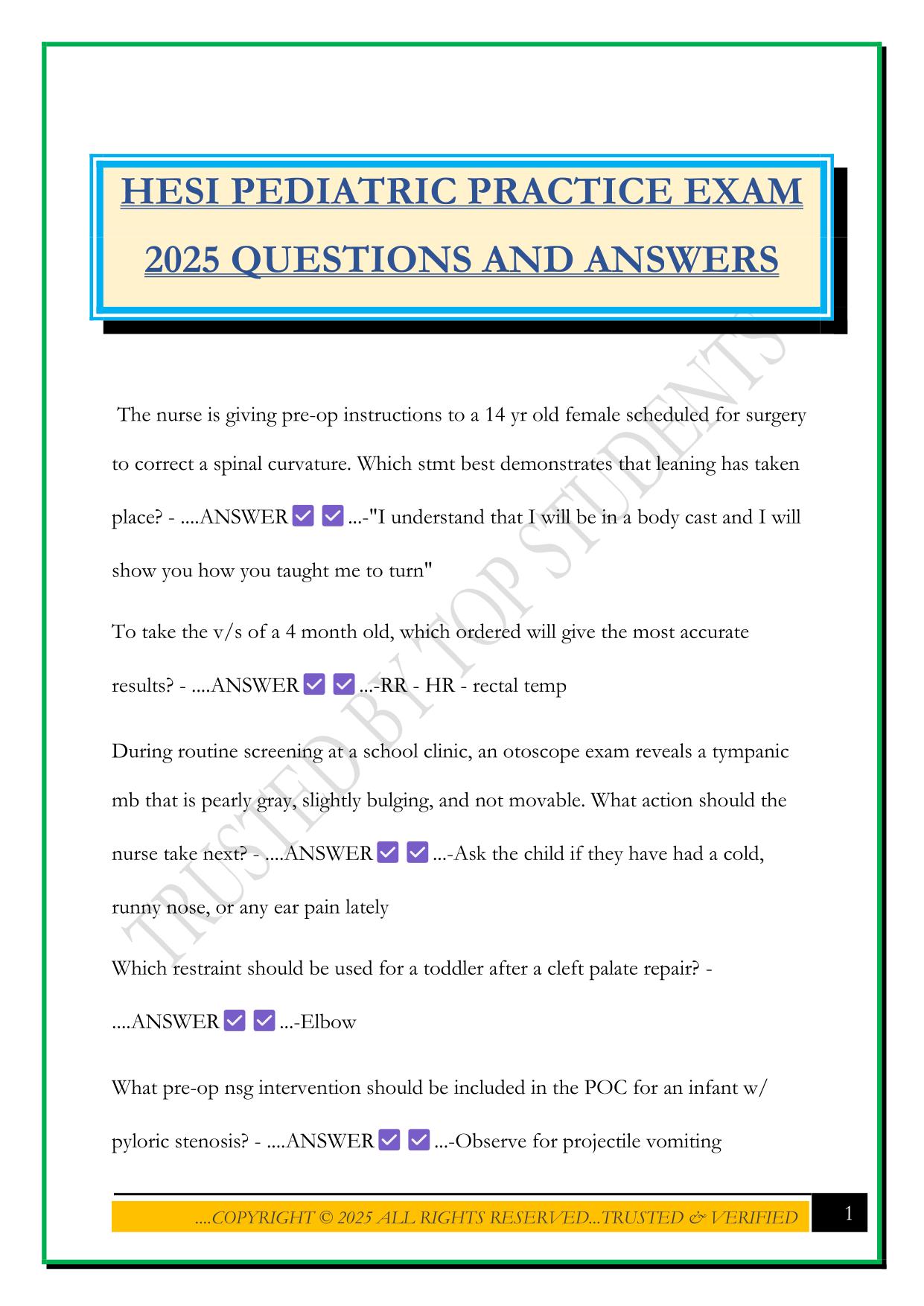 HESI PEDIATRIC PRACTICE EXAM 2025 QUESTIONS AND ANSWERS
