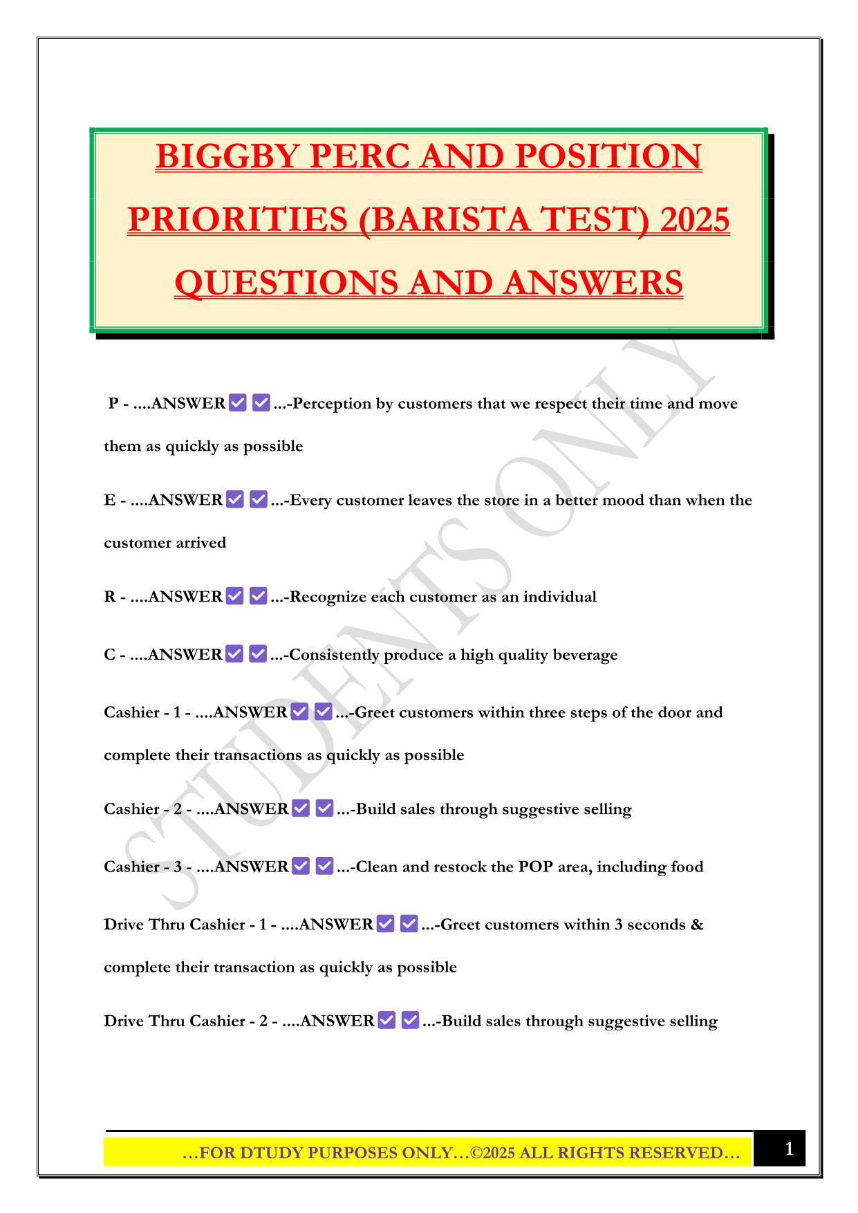 BIGGBY PERC AND POSITION PRIORITIES (BARISTA TEST) 2025 QUESTIONS AND ANSWERS