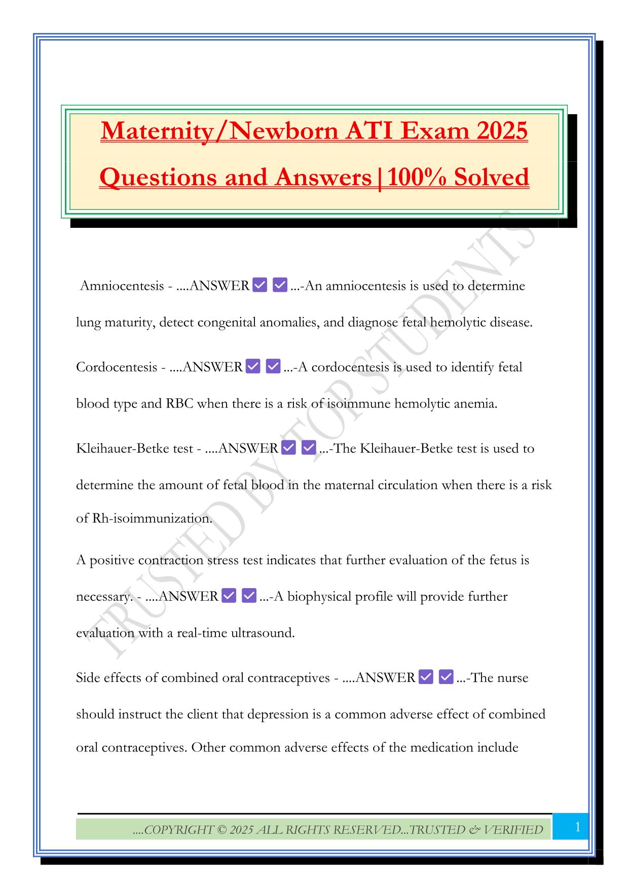 Maternity/Newborn ATI Exam 2025 Questions and Answers|100% Solved
