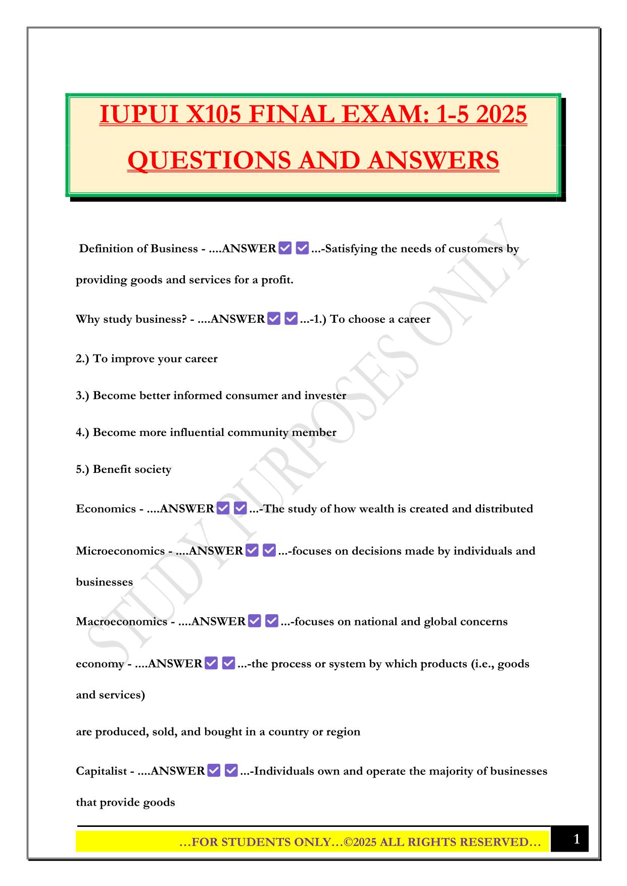 IUPUI X105 FINAL EXAM: 1-5 2025 QUESTIONS AND ANSWERS