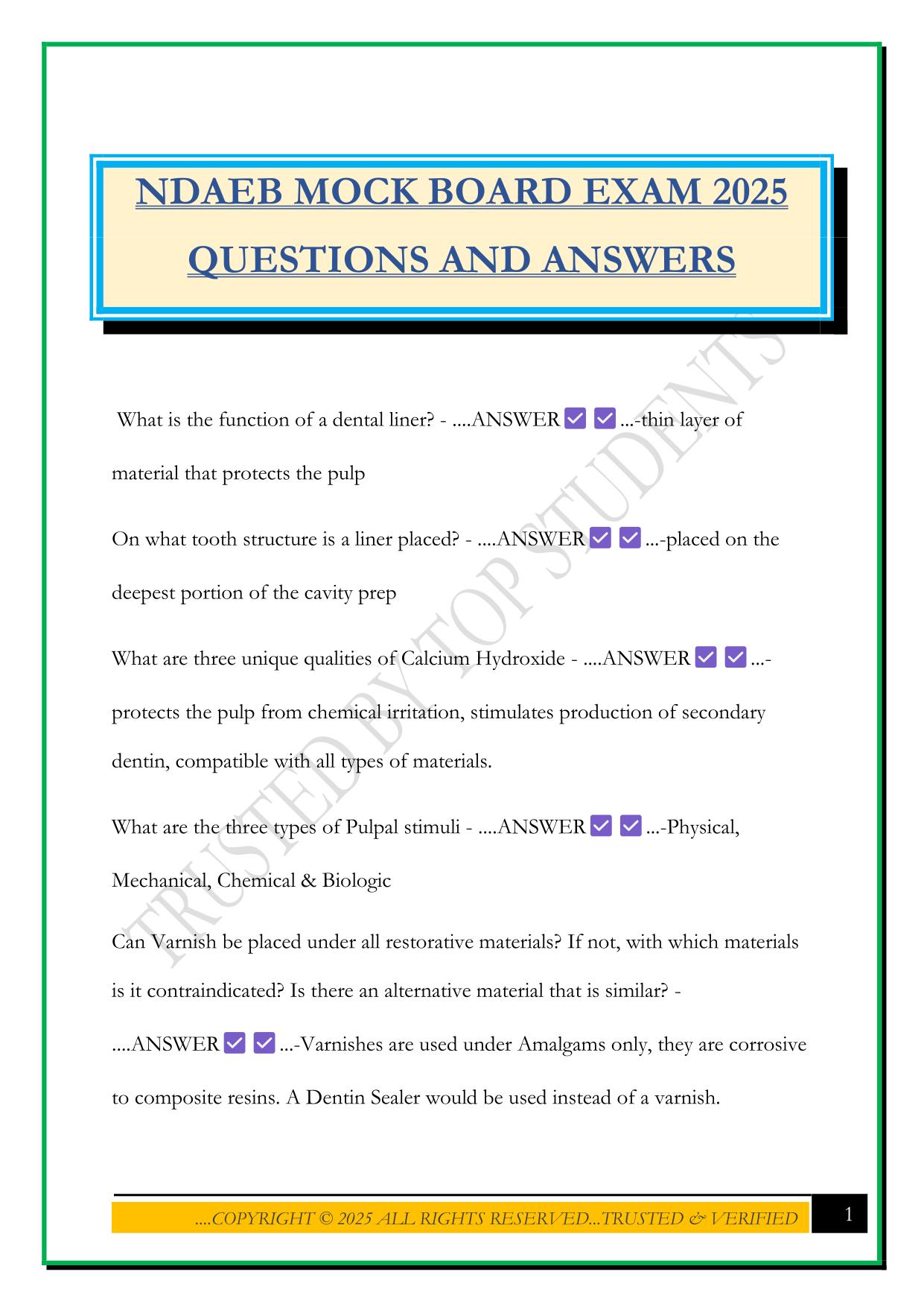 NDAEB MOCK BOARD EXAM 2025 QUESTIONS AND ANSWERS