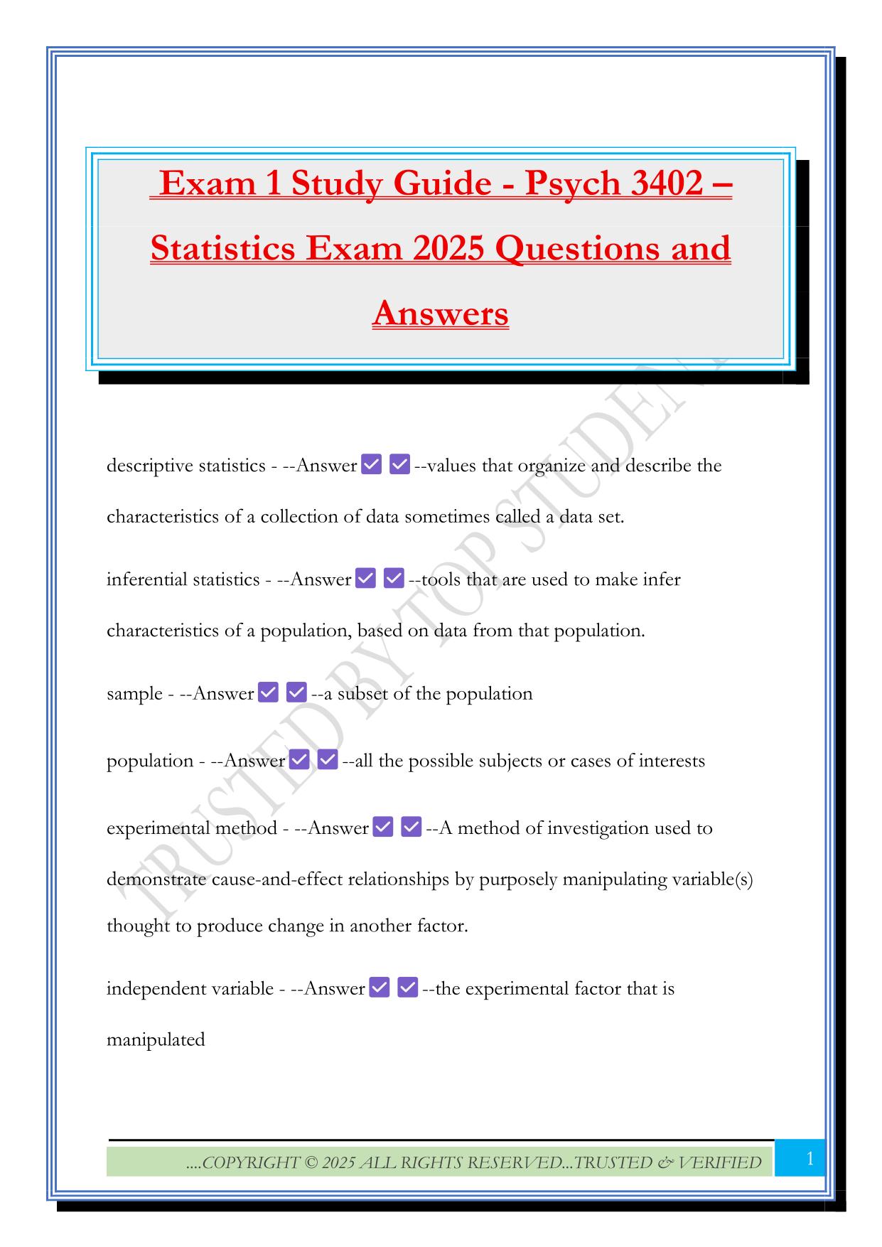 Exam 1 Study Guide - Psych 3402 – Statistics Exam 2025 Questions and Answers