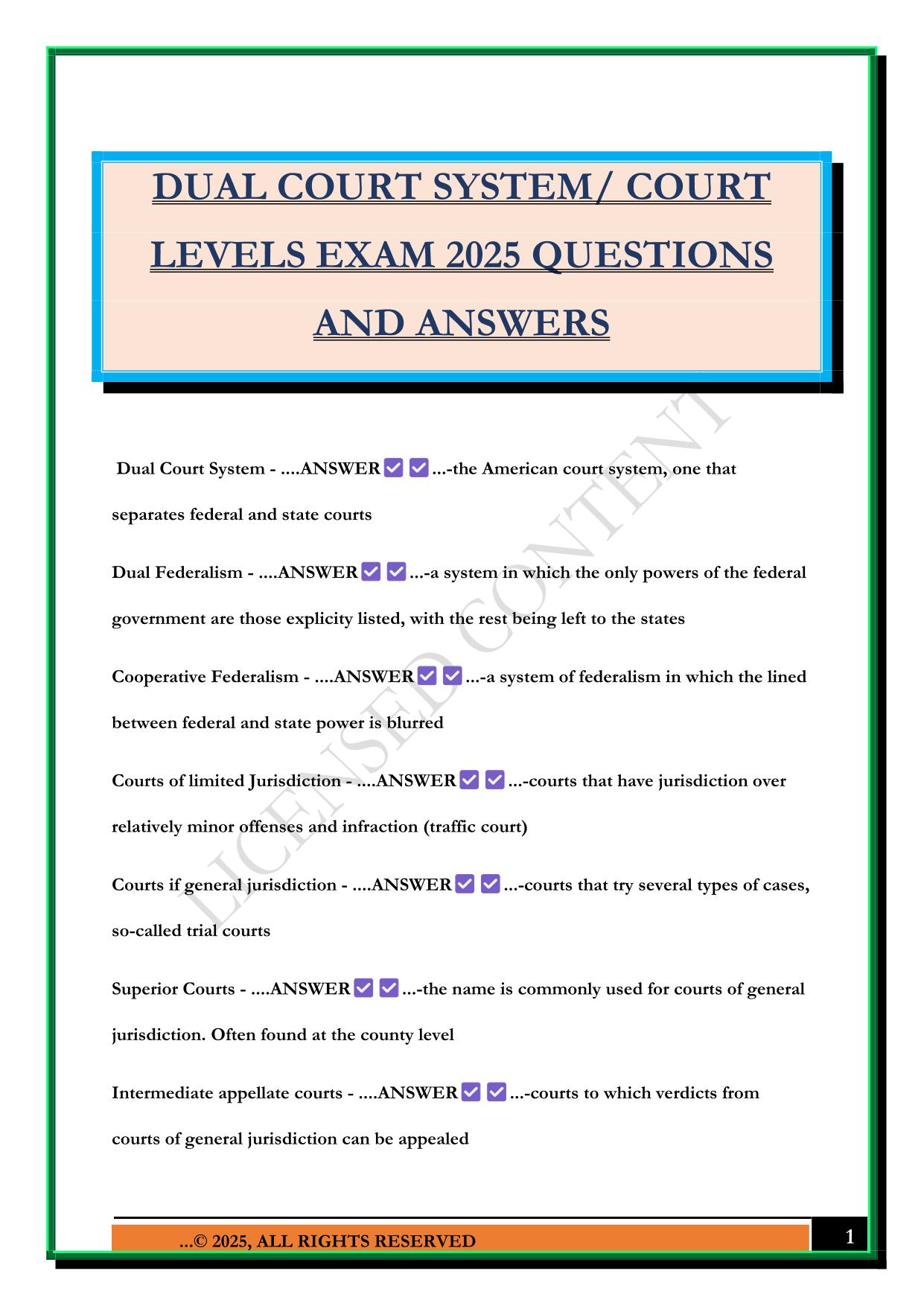 DUAL COURT SYSTEM/ COURT LEVELS EXAM 2025 QUESTIONS AND ANSWERS
