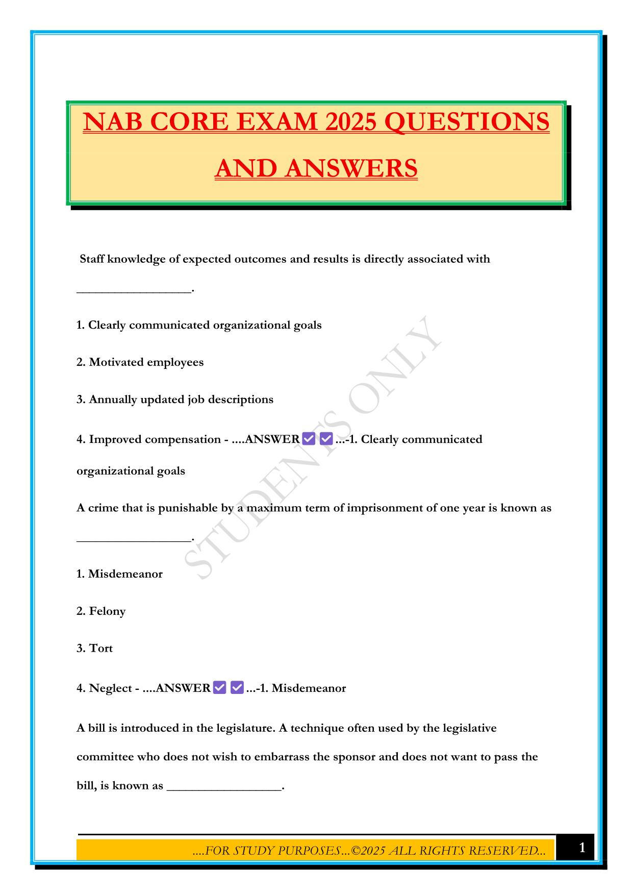NAB CORE EXAM 2025 QUESTIONS AND ANSWERS