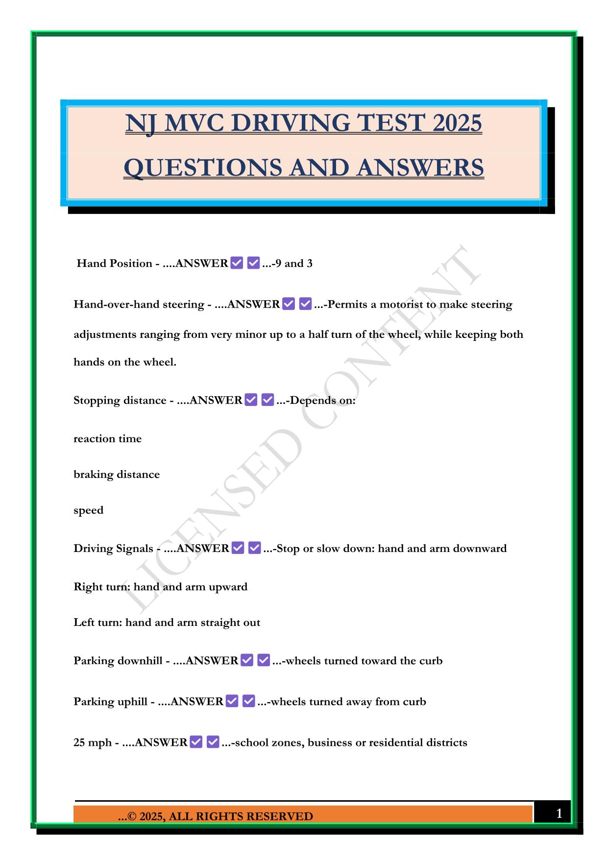 NJ MVC DRIVING TEST 2025 QUESTIONS AND ANSWERS