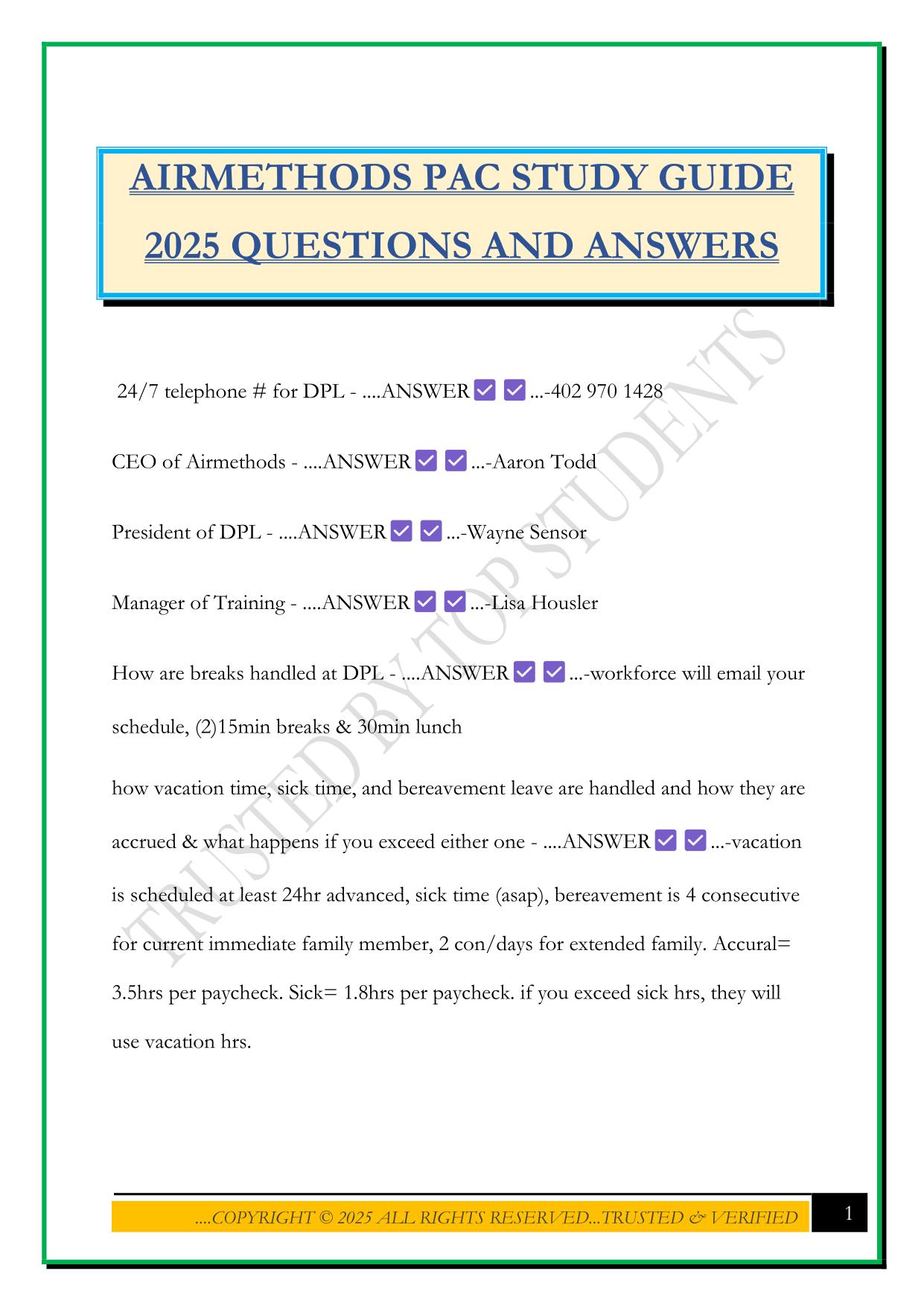 AIRMETHODS PAC STUDY GUIDE 2025 QUESTIONS AND ANSWERS