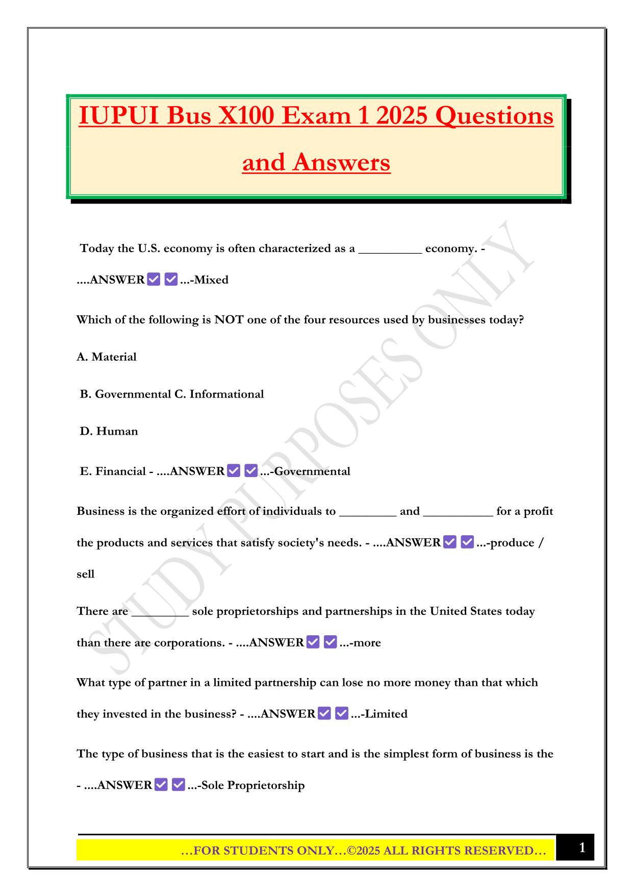IUPUI Bus X100 Exam 1 2025 Questions and Answers