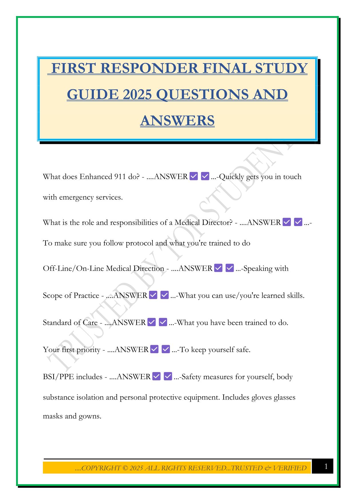 FIRST RESPONDER FINAL STUDY GUIDE 2025 QUESTIONS AND ANSWERS