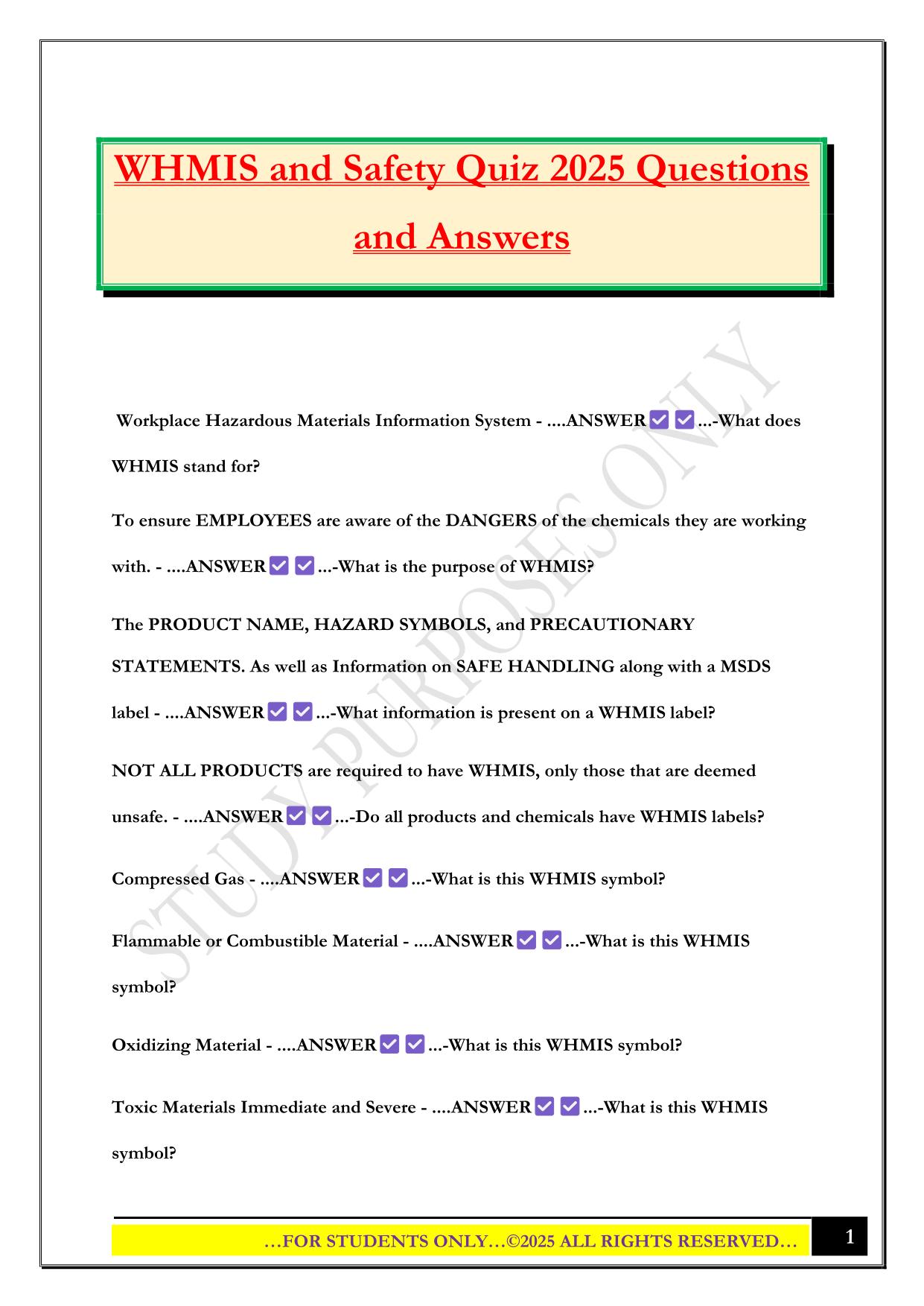 WHMIS and Safety Quiz 2025 Questions and Answers