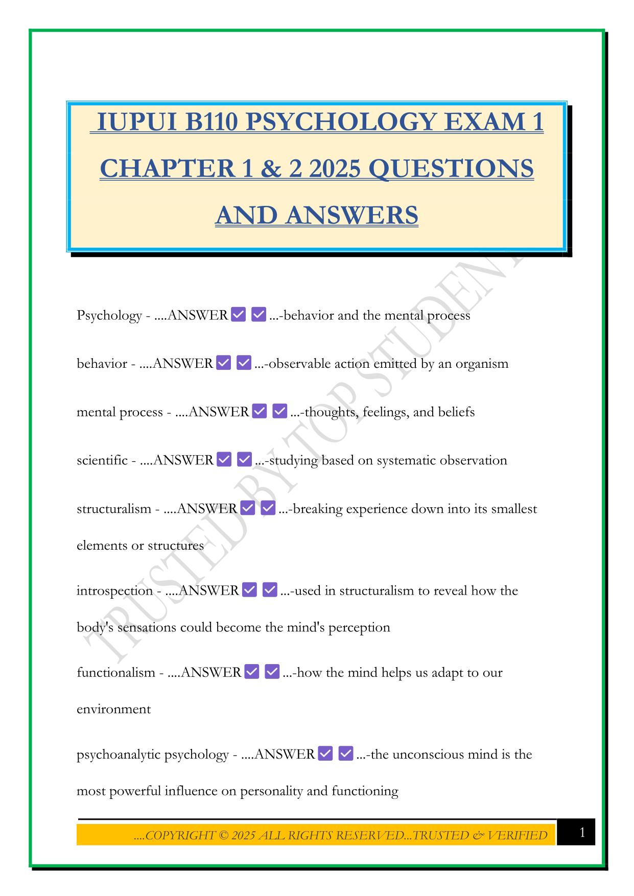 IUPUI B110 PSYCHOLOGY EXAM 1 CHAPTER 1 & 2 2025 QUESTIONS AND ANSWERS