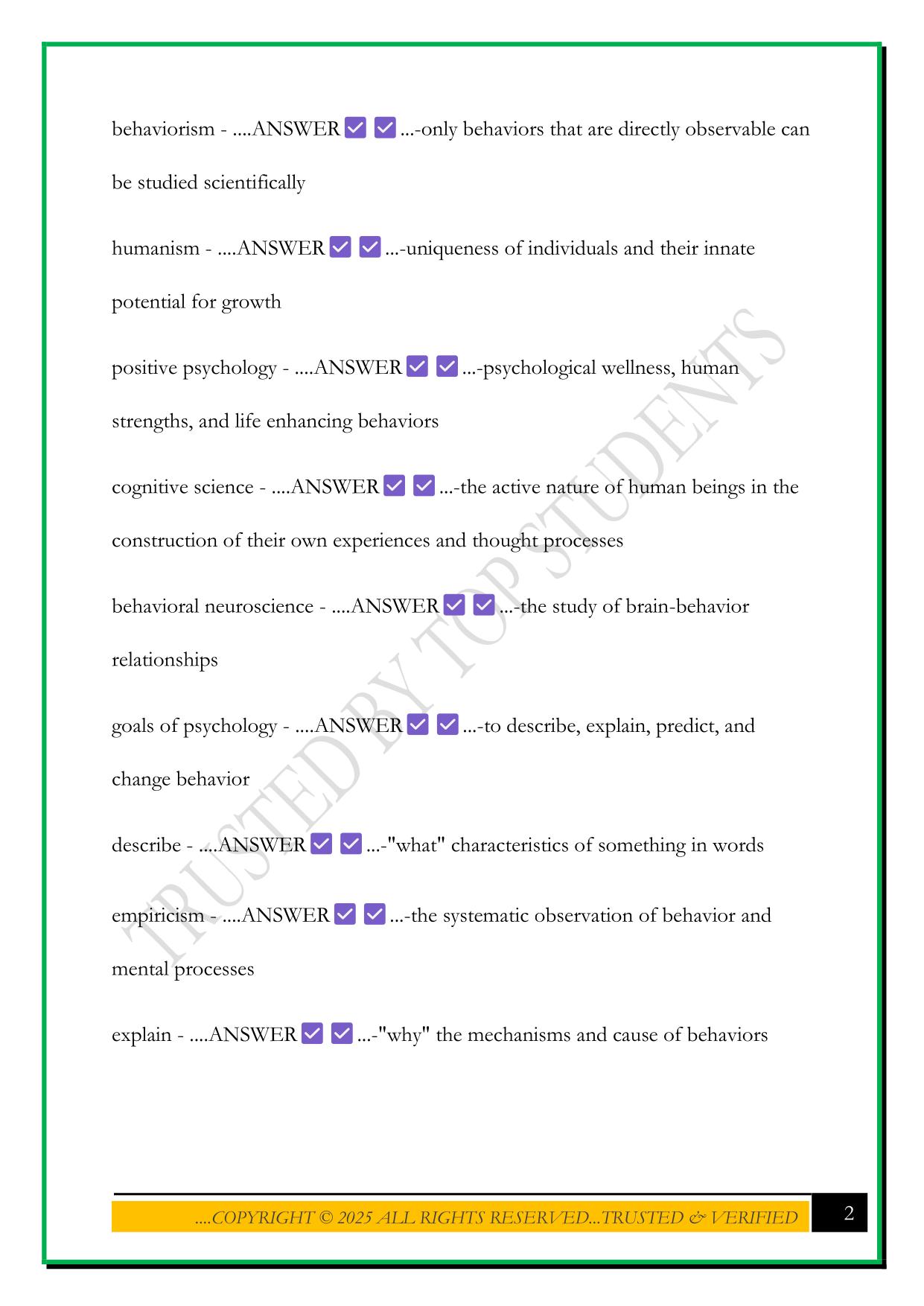 IUPUI B110 PSYCHOLOGY EXAM 1 CHAPTER 1 & 2 2025 QUESTIONS AND ANSWERS