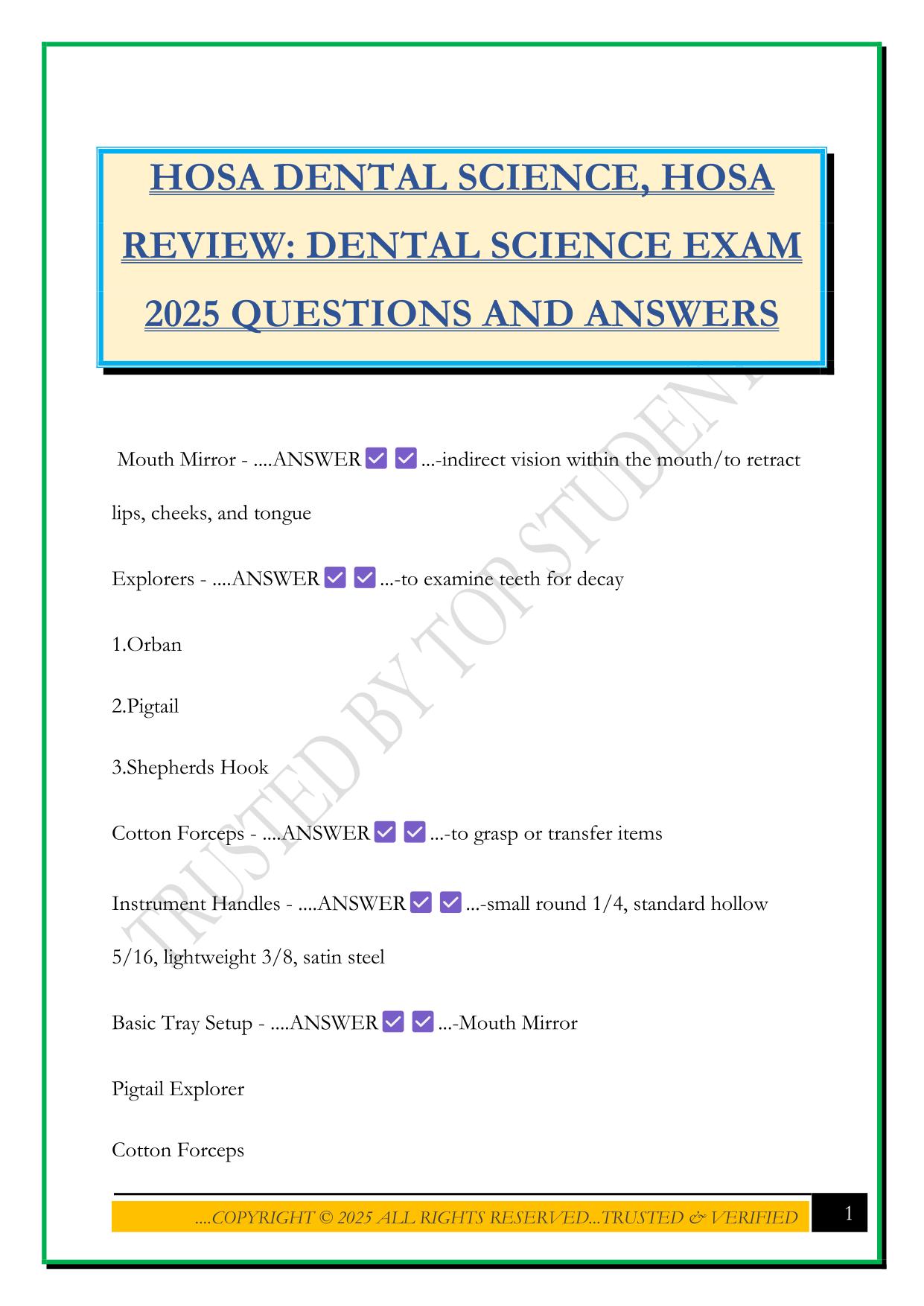 HOSA DENTAL SCIENCE, HOSA REVIEW: DENTAL SCIENCE EXAM 2025 QUESTIONS AND ANSWERS
