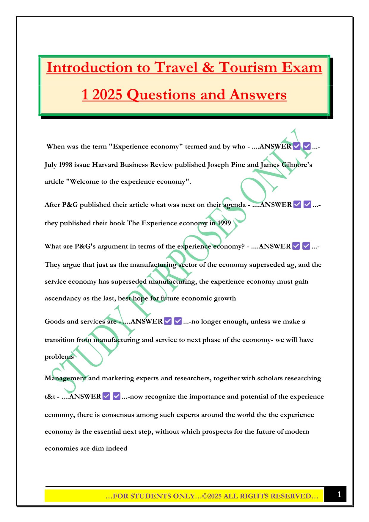 Introduction to Travel & Tourism Exam 1 2025 Questions and Answers