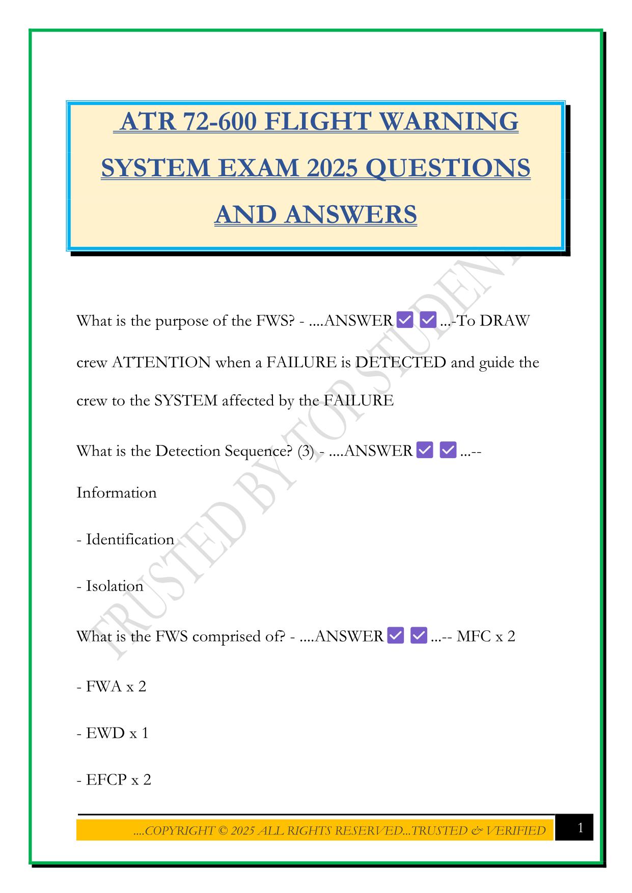 ATR 72-600 FLIGHT WARNING SYSTEM EXAM 2025 QUESTIONS AND ANSWERS