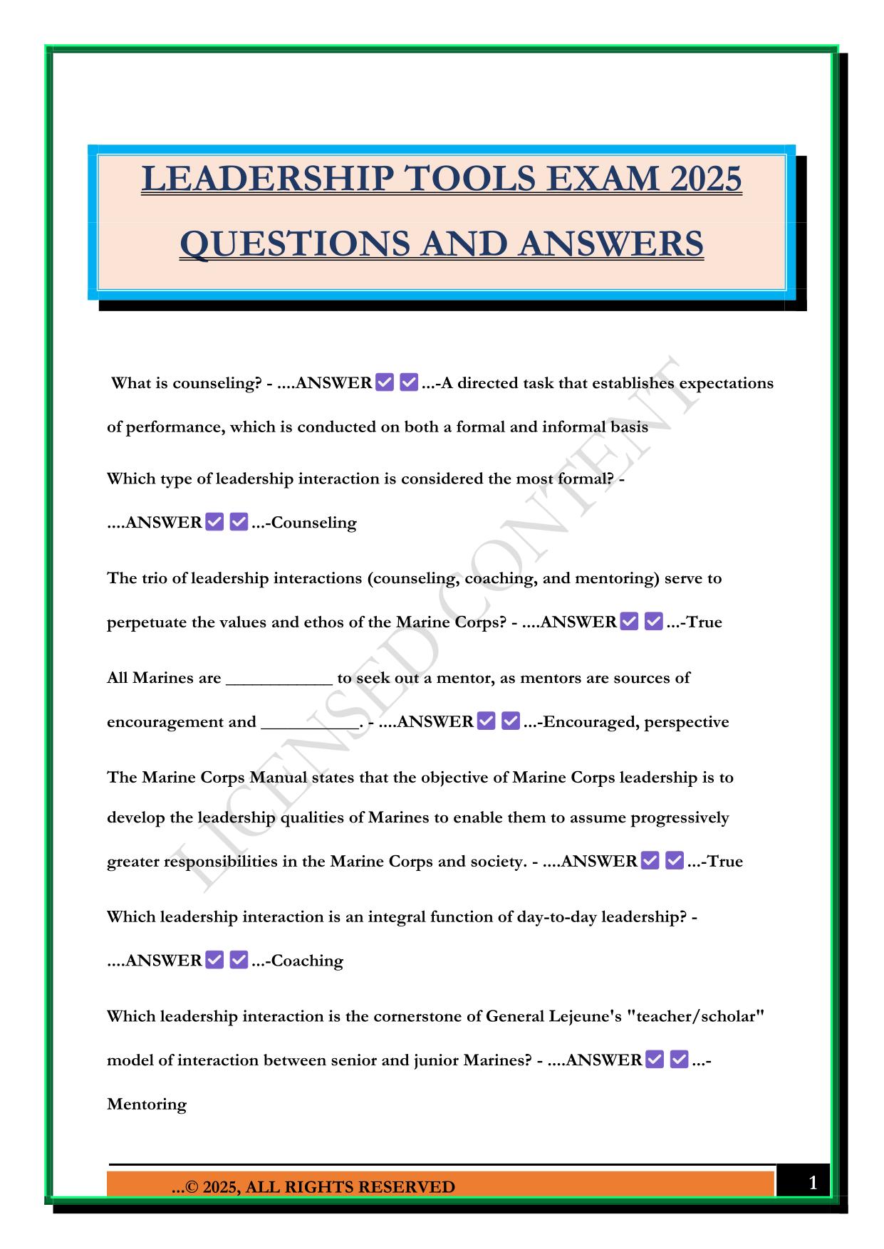 LEADERSHIP TOOLS EXAM 2025 QUESTIONS AND ANSWERS