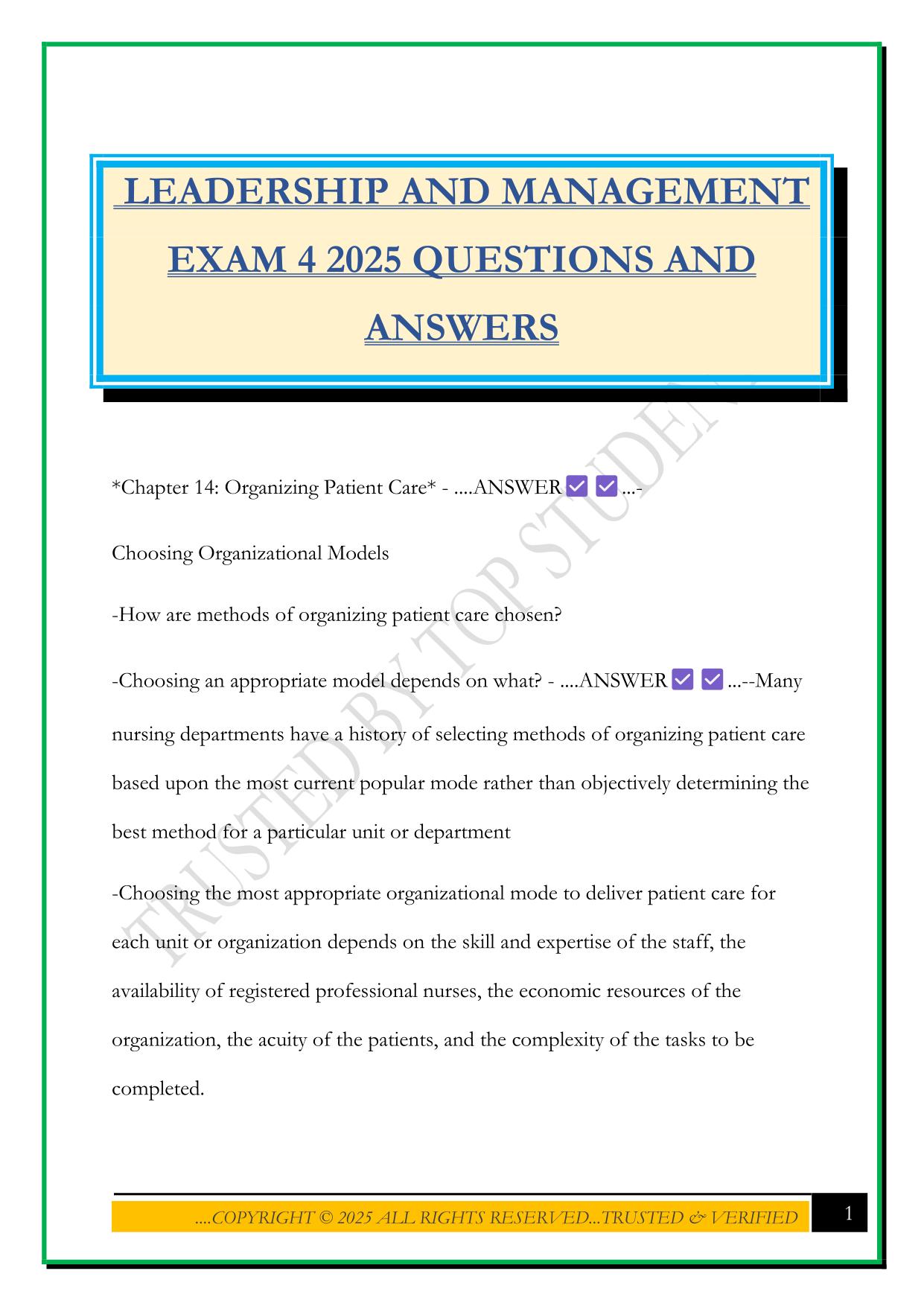 LEADERSHIP AND MANAGEMENT EXAM 4 2025 QUESTIONS AND ANSWERS