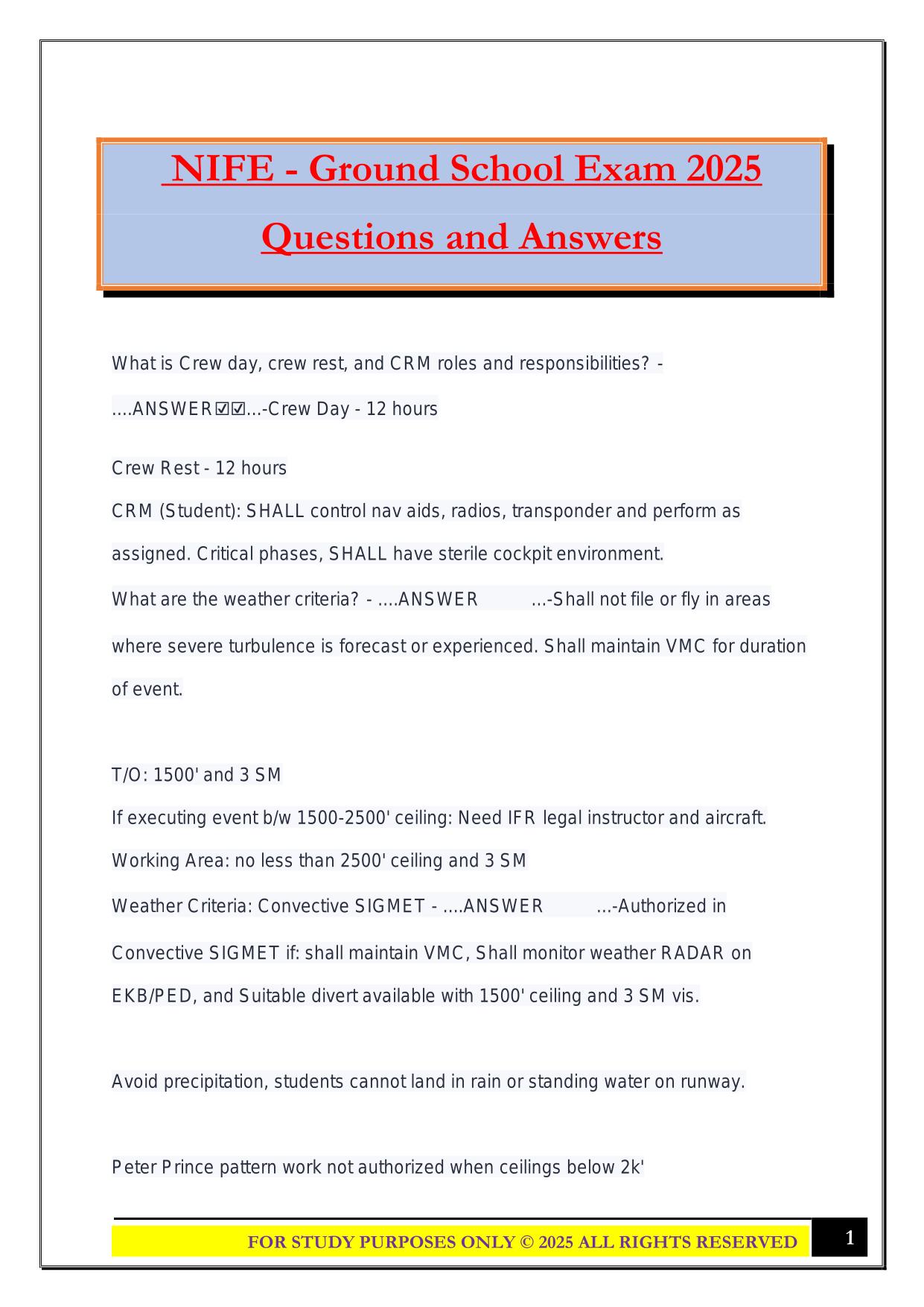 NIFE - Ground School Exam 2025 Questions and Answers