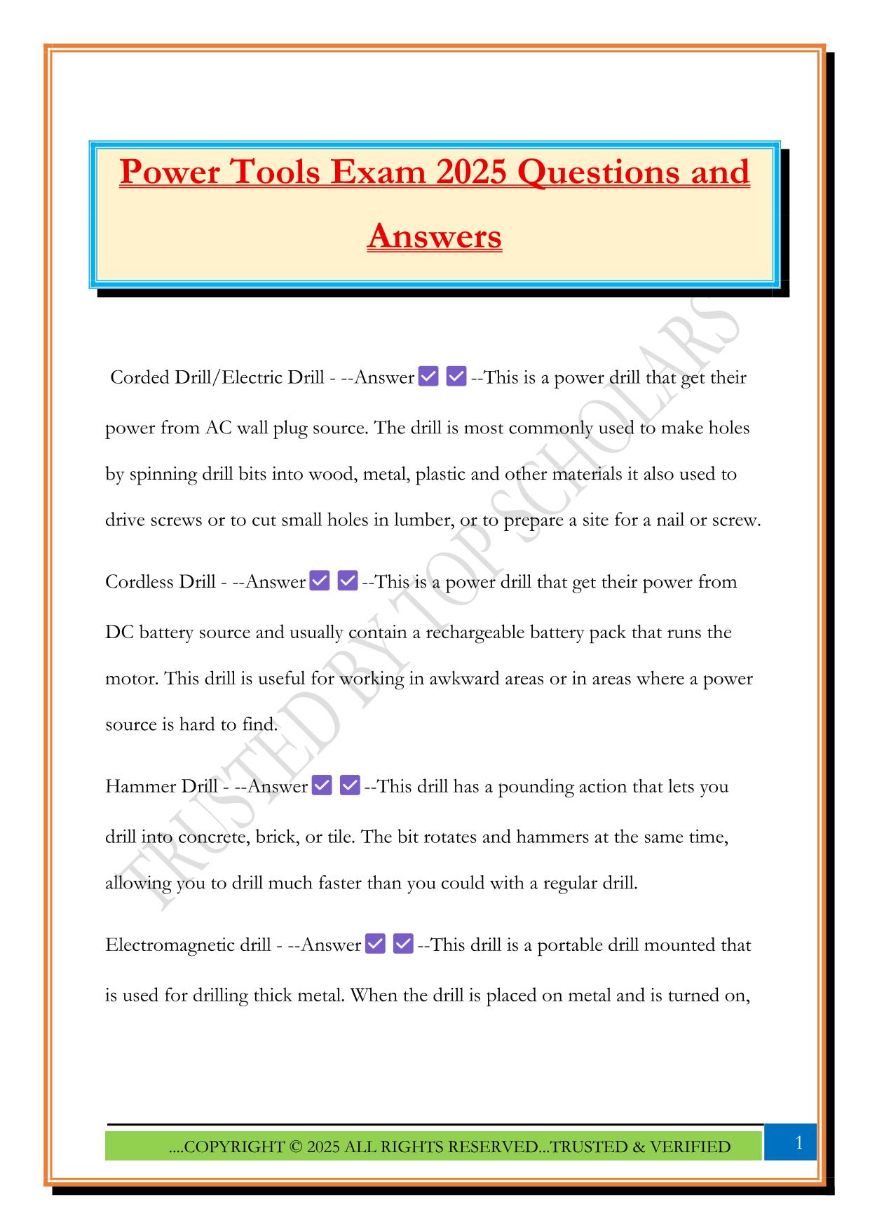 Power Tools Exam 2025 Questions and Answers