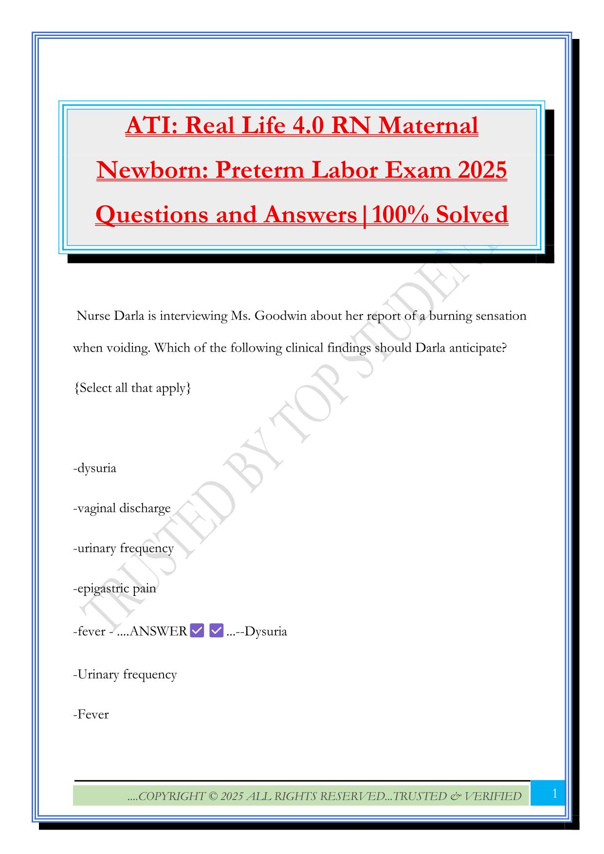 ATI: Real Life 4.0 RN Maternal Newborn: Preterm Labor Exam 2025 Questions and Answers|100% Solved